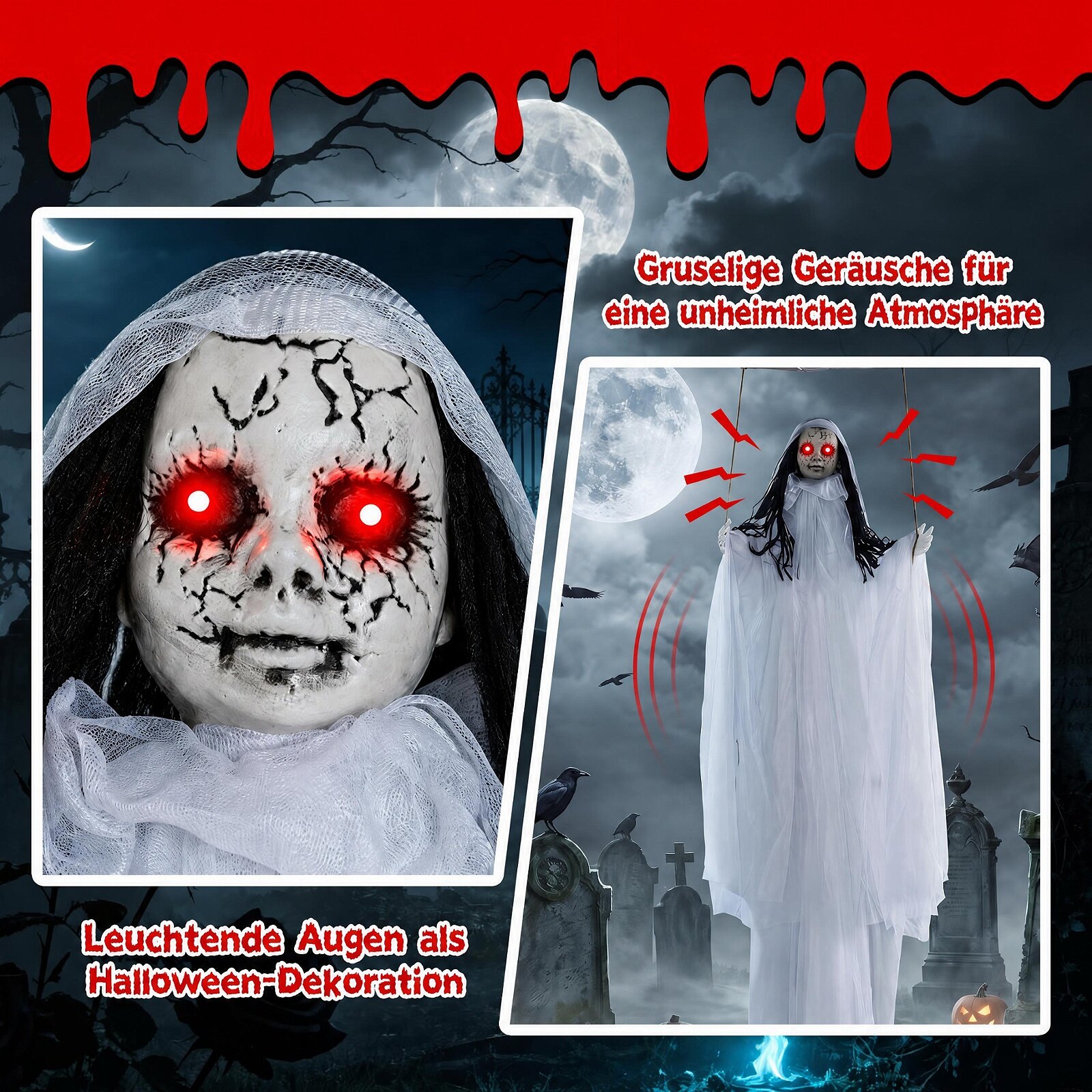 Halloweeni kaunistused helendavate silmade ja jubedate helidega