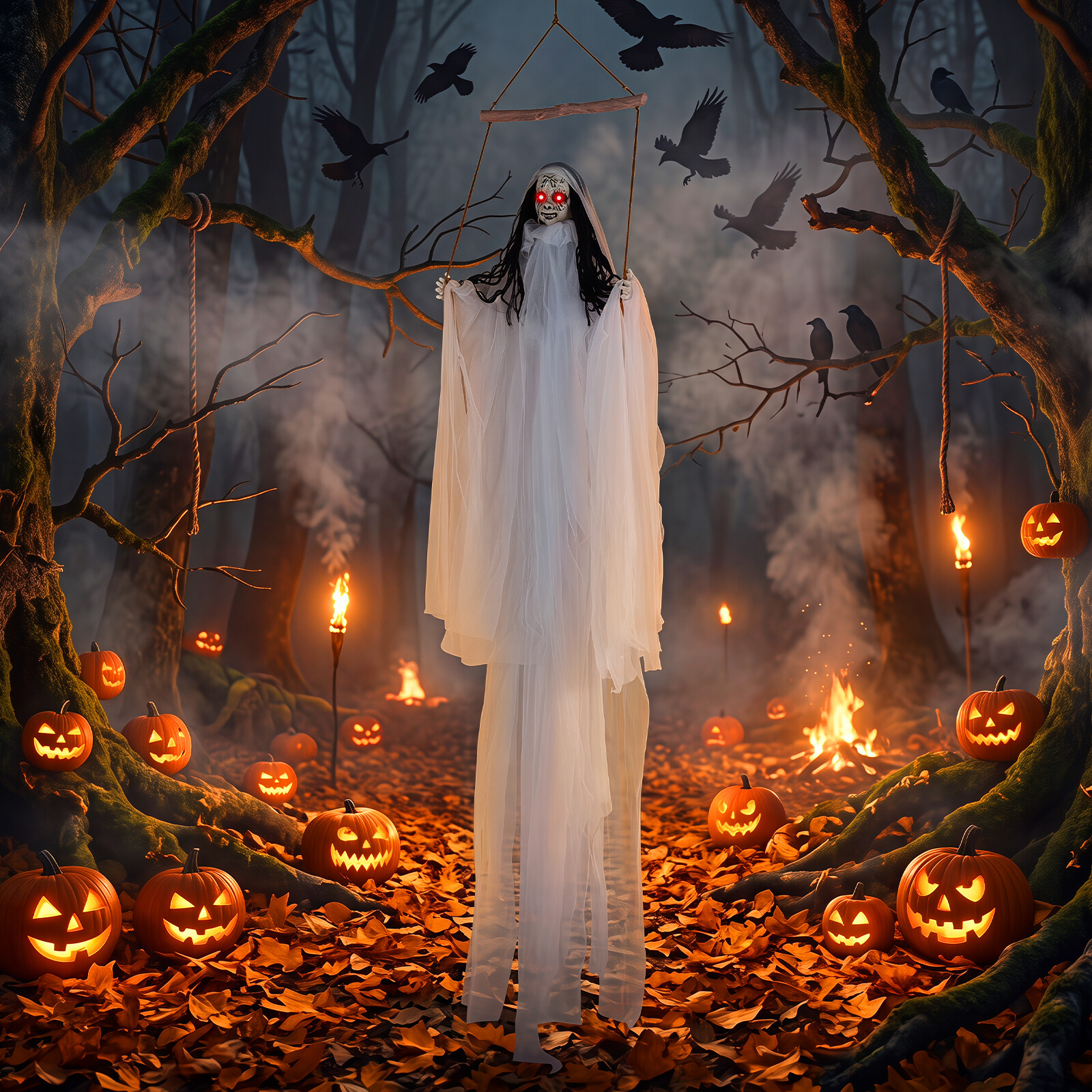 Halloweeni kaunistused helendavate silmade ja jubedate helidega