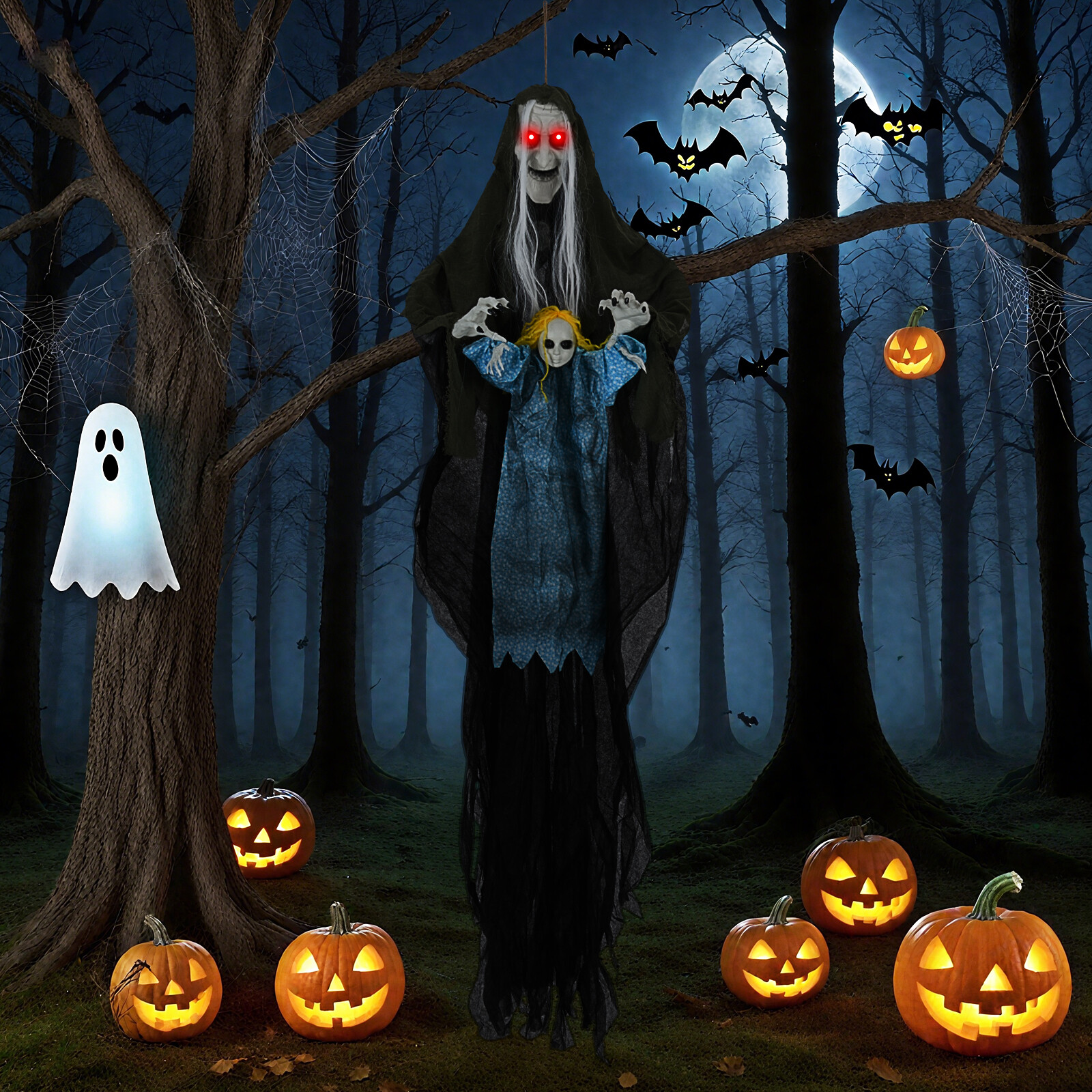 Rippuv halloweenikaunistus, heliaktiveeritud nõid, kes hoiab kummitustüdrukut õudsete helidega