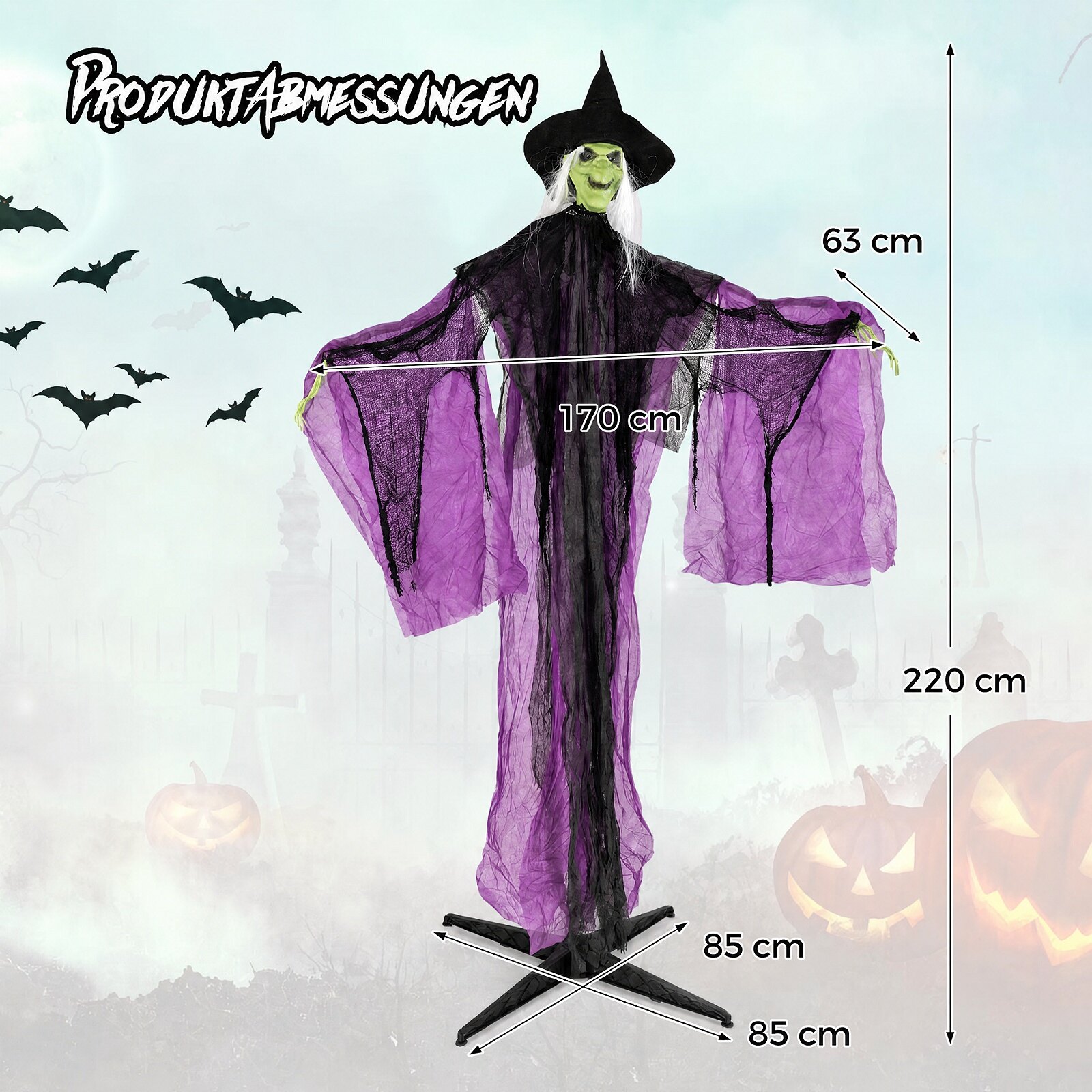 7,2 jala pikkune halloweeni seisev nõid valgustatud silmade ja automaatse käeliigutusega