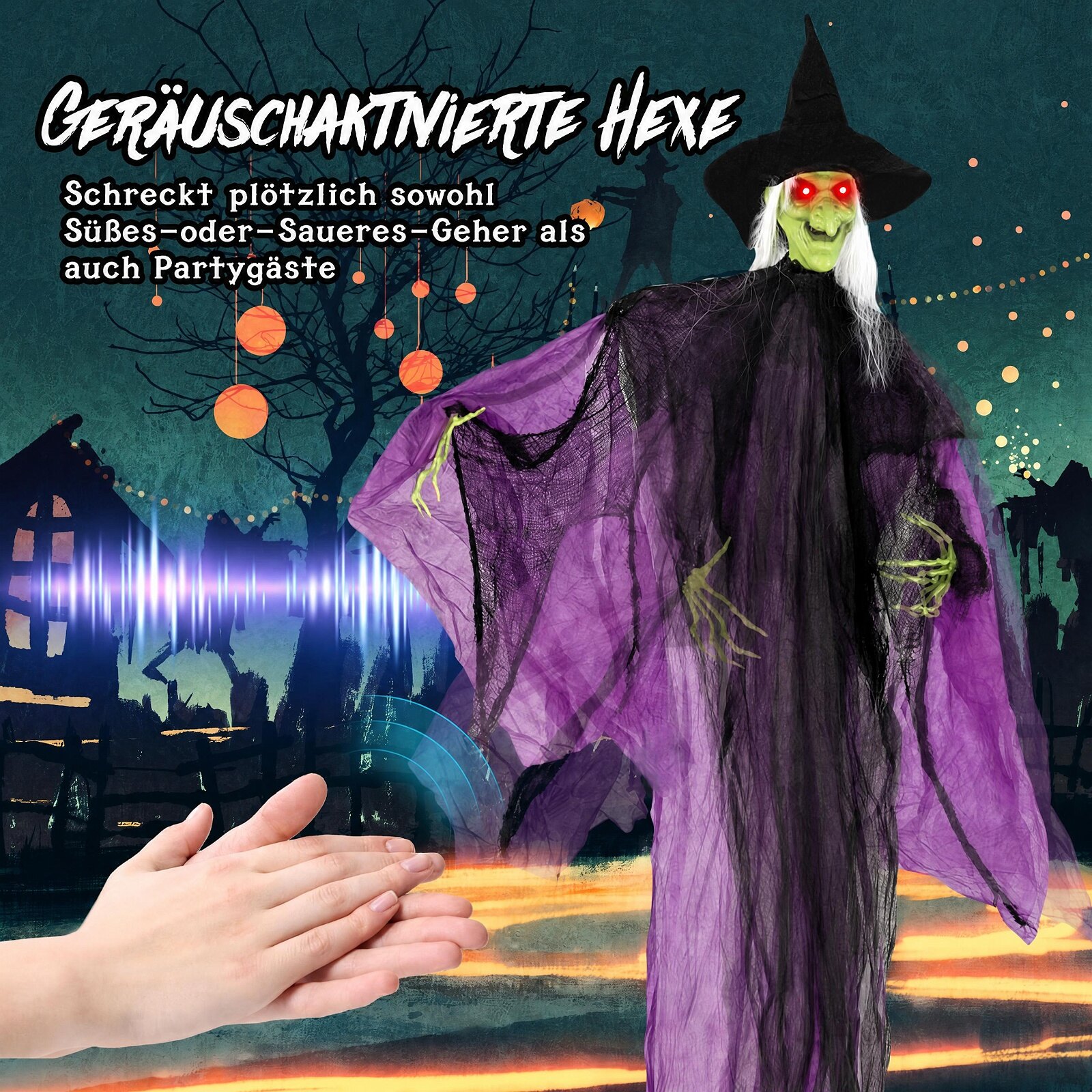 7,2 jala pikkune halloweeni seisev nõid valgustatud silmade ja automaatse käeliigutusega