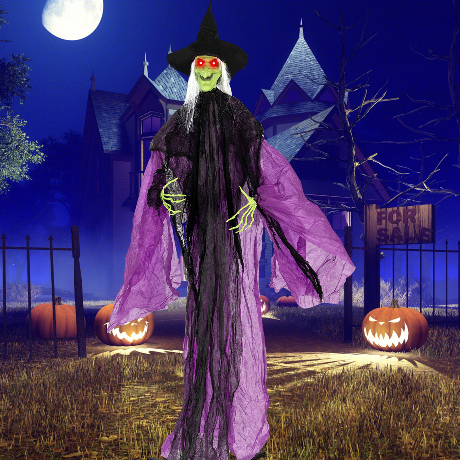 7,2 jala pikkune halloweeni seisev nõid valgustatud silmade ja automaatse käeliigutusega