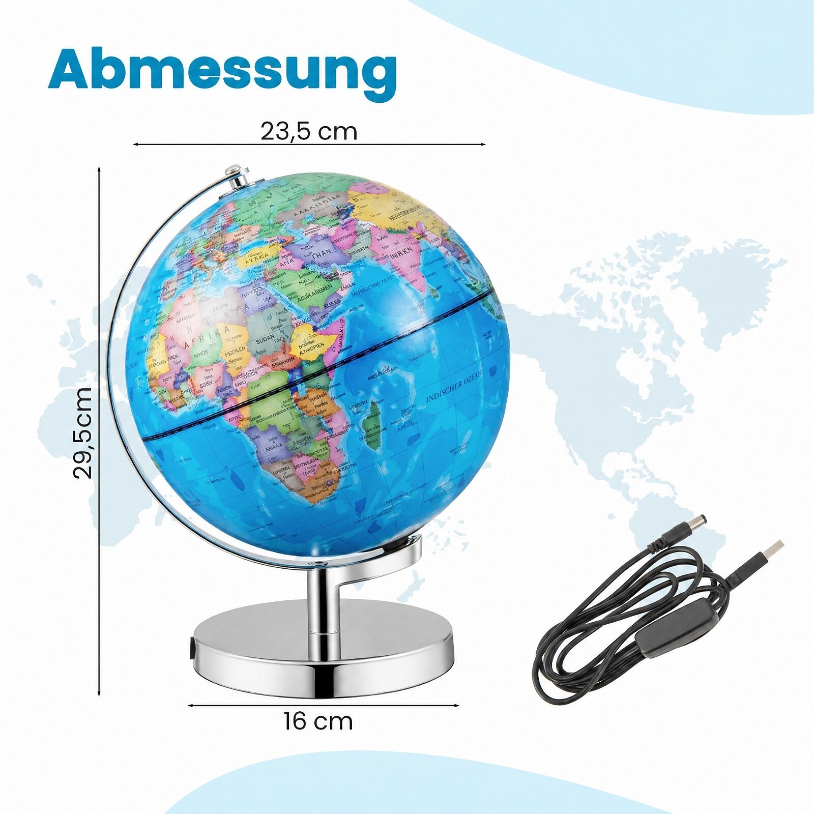 Ø 23 cm valgustatud maakera metallaluse ja tulega ning Saksa geograafiline kaart ja tähtkujude kaart