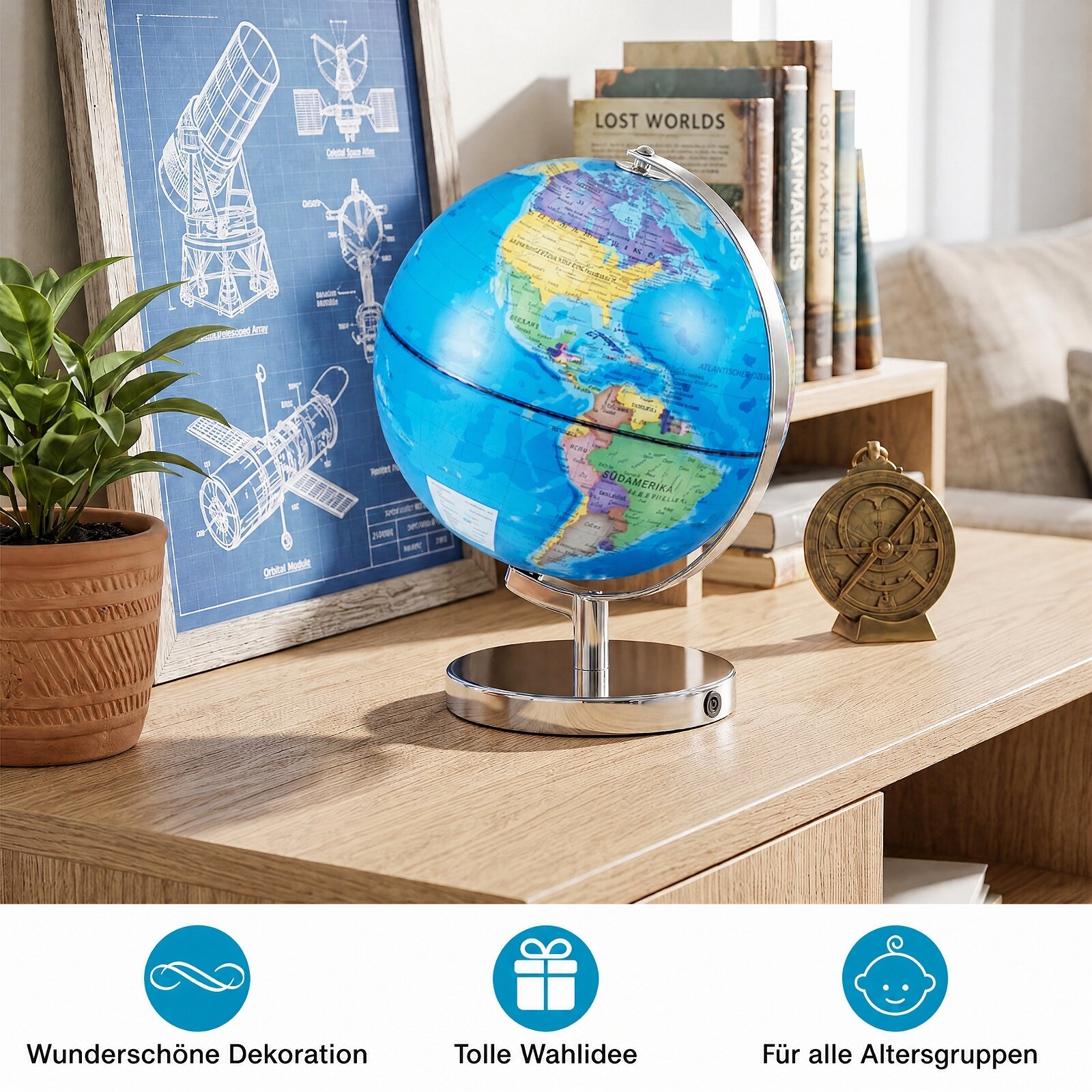 Ø 23 cm valgustatud maakera metallaluse ja tulega ning Saksa geograafiline kaart ja tähtkujude kaart