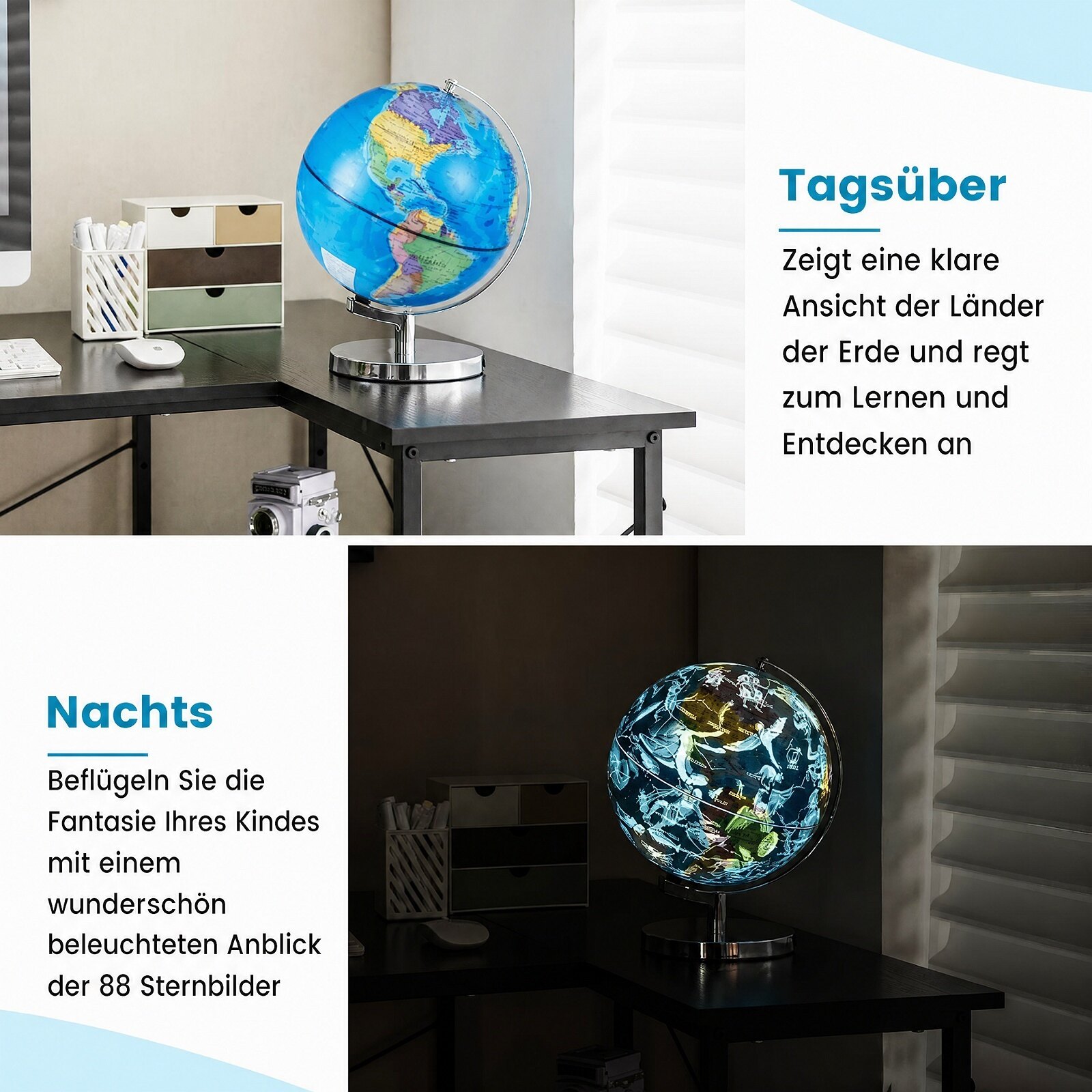 Ø 23 cm valgustatud maakera metallaluse ja tulega ning Saksa geograafiline kaart ja tähtkujude kaart