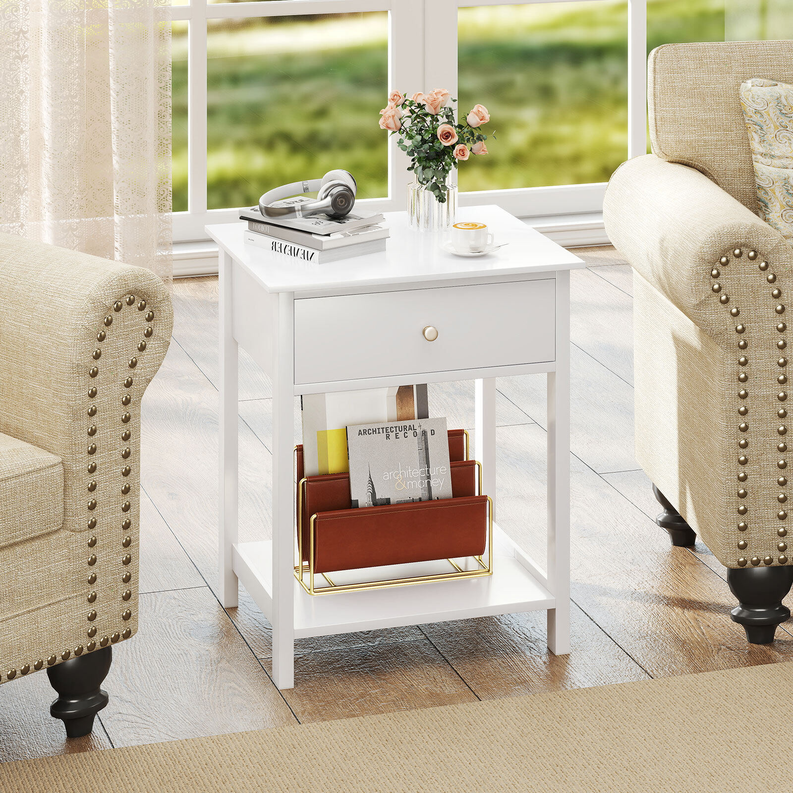 Set of 2 bedside tables with drawer & open shelf, side table, nightstand, bedside console, white Set of 2 bedside tables with drawer & open shelf, side table, nightstand, bedside console, white