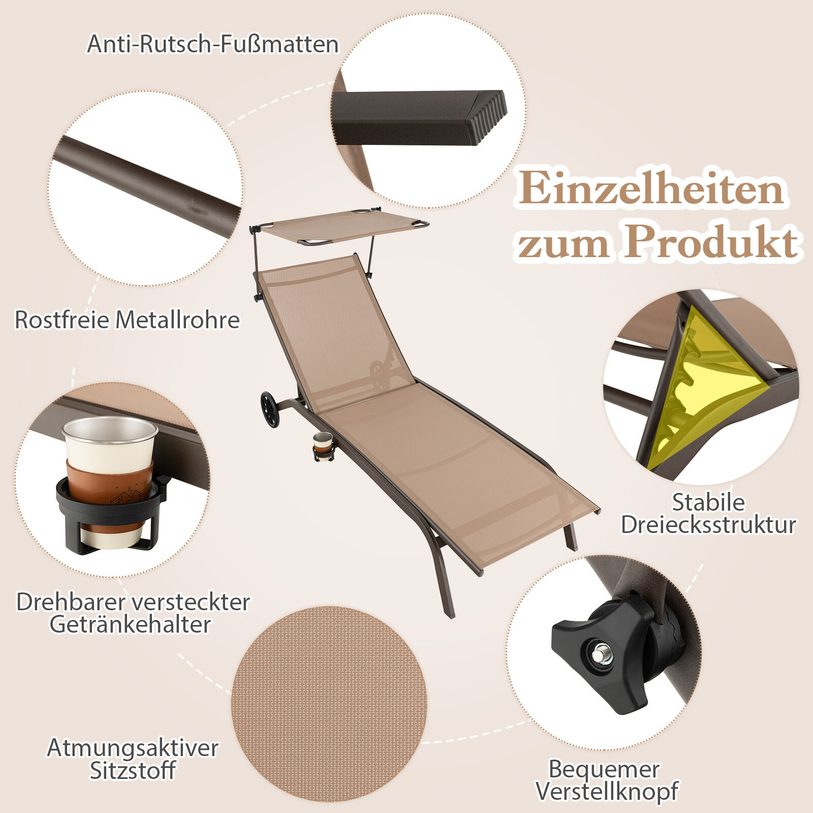 Komplekt 2 metallist terrassitooli, ratastega lamamistooli ja rannatooli, pruun