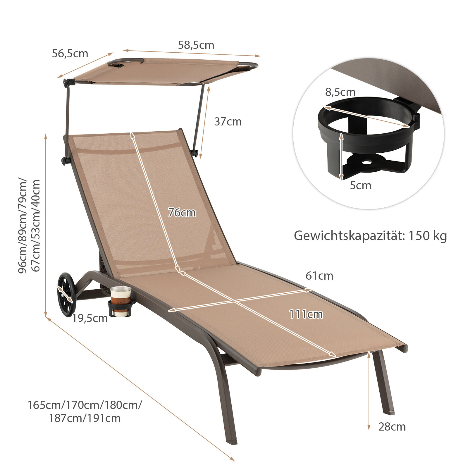 Komplekt 2 metallist terrassitooli, ratastega lamamistooli ja rannatooli, pruun
