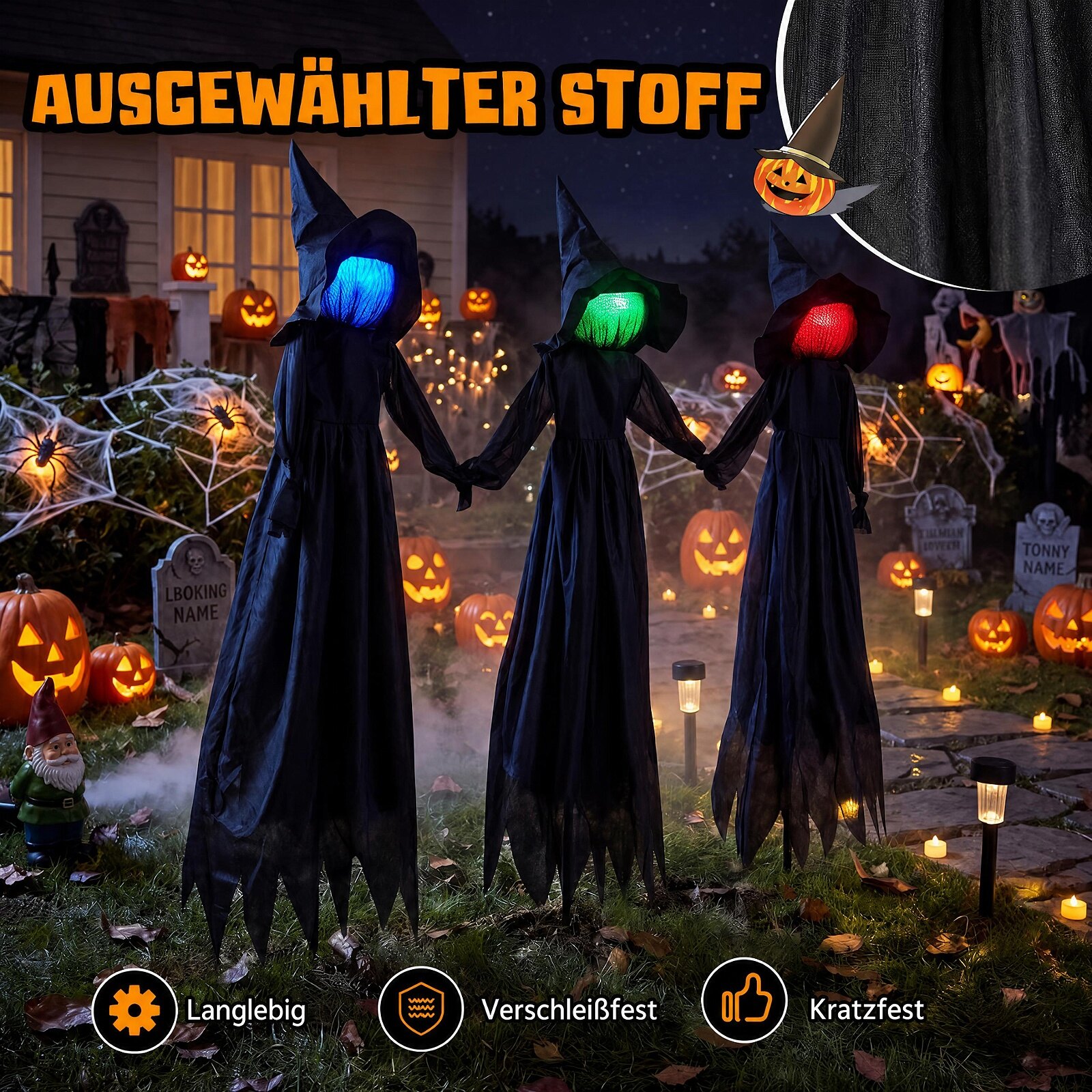 LED-valgustusega näoga õues halloweeni nõiakaunistus