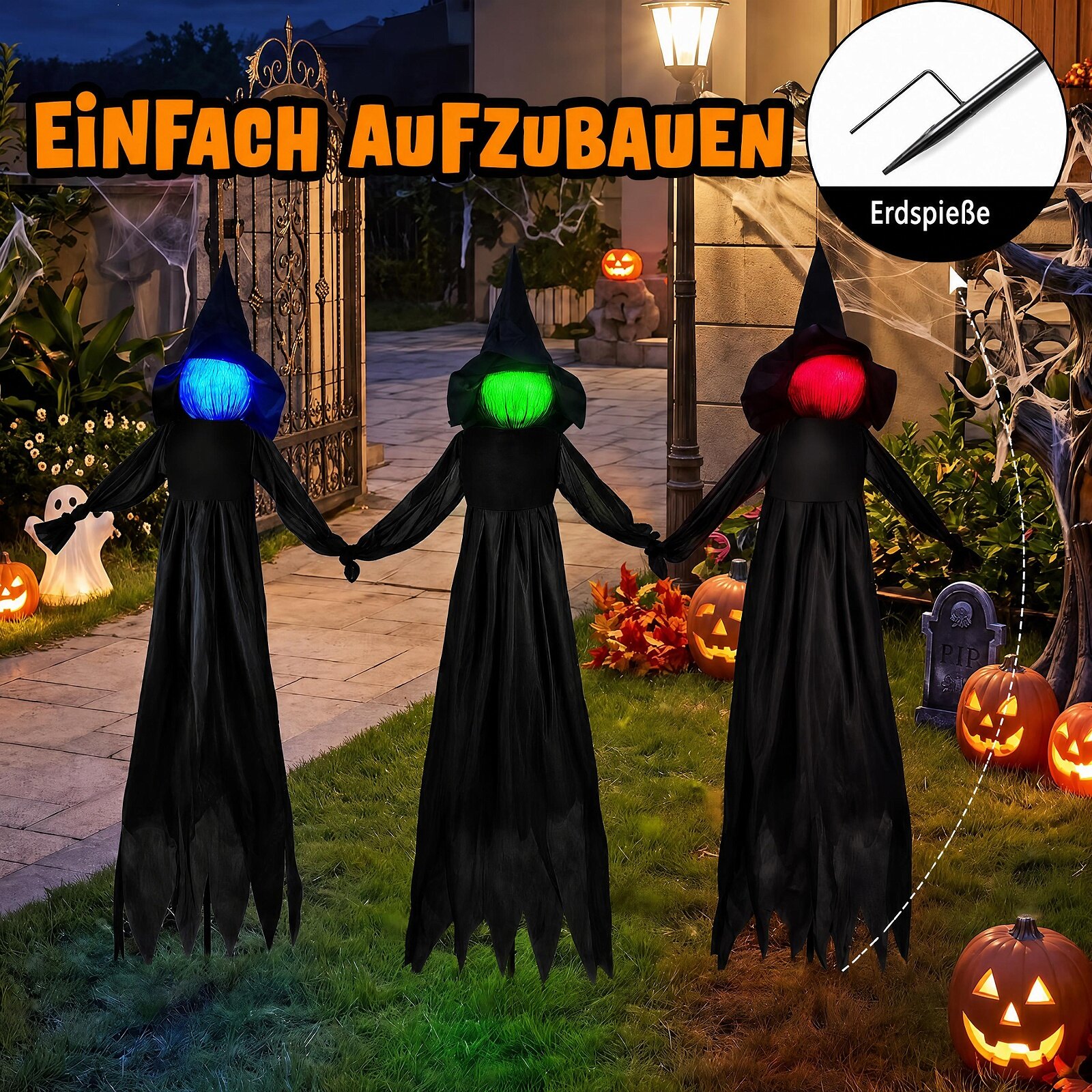 LED-valgustusega näoga õues halloweeni nõiakaunistus