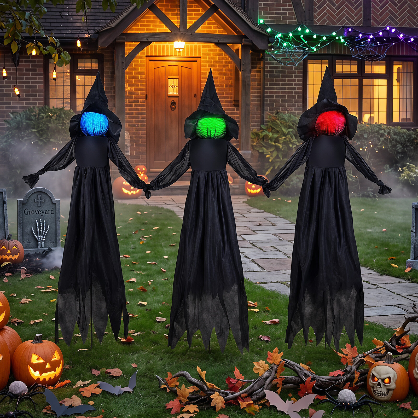 LED-valgustusega näoga õues halloweeni nõiakaunistus
