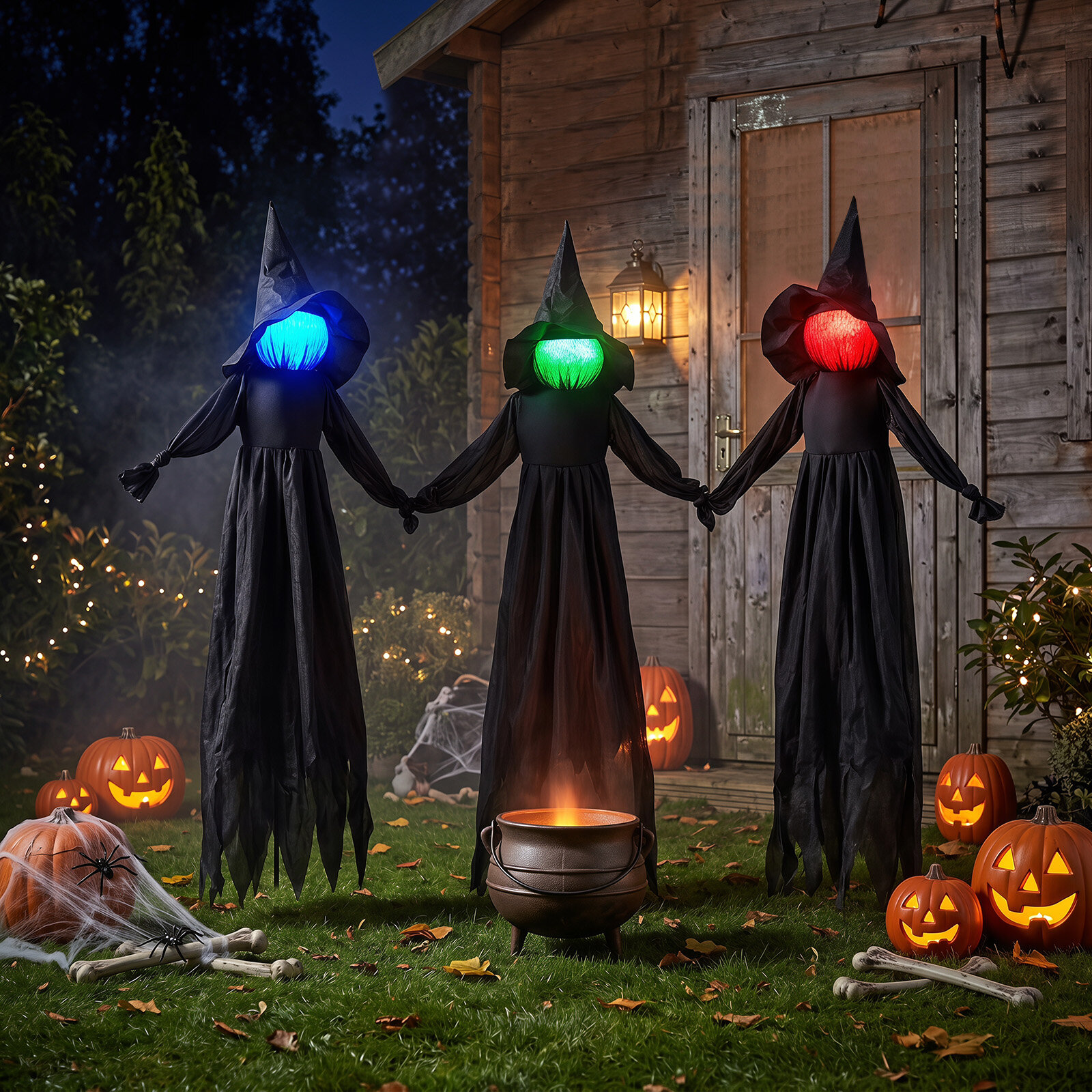 LED-valgustusega näoga õues halloweeni nõiakaunistus