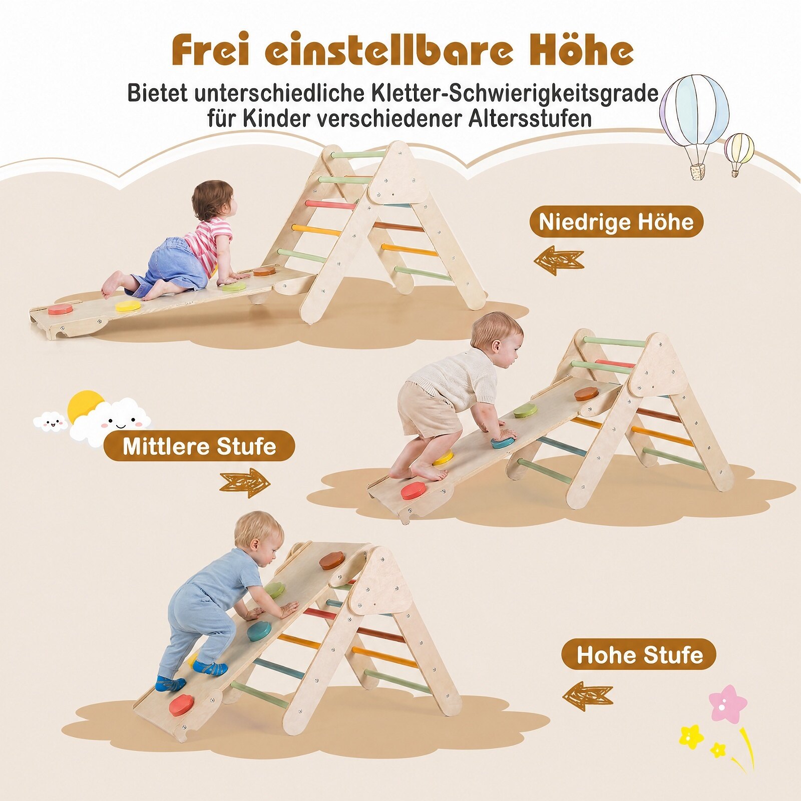 3-ühes Montessori puidust ronimiskomplekt, mängukomplekt lastele alates 1. eluaastast, ronimisraamide komplekt, värviline