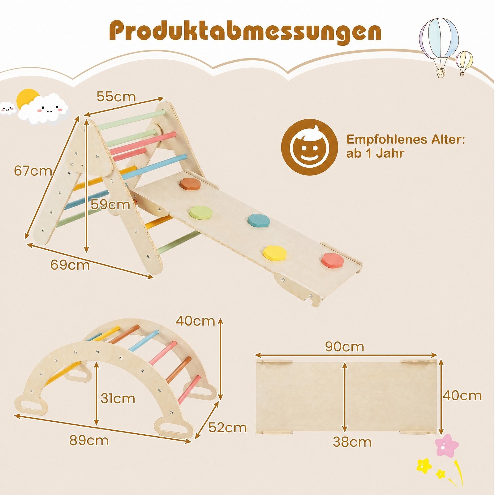 3-ühes Montessori puidust ronimiskomplekt, mängukomplekt lastele alates 1. eluaastast, ronimisraamide komplekt, värviline