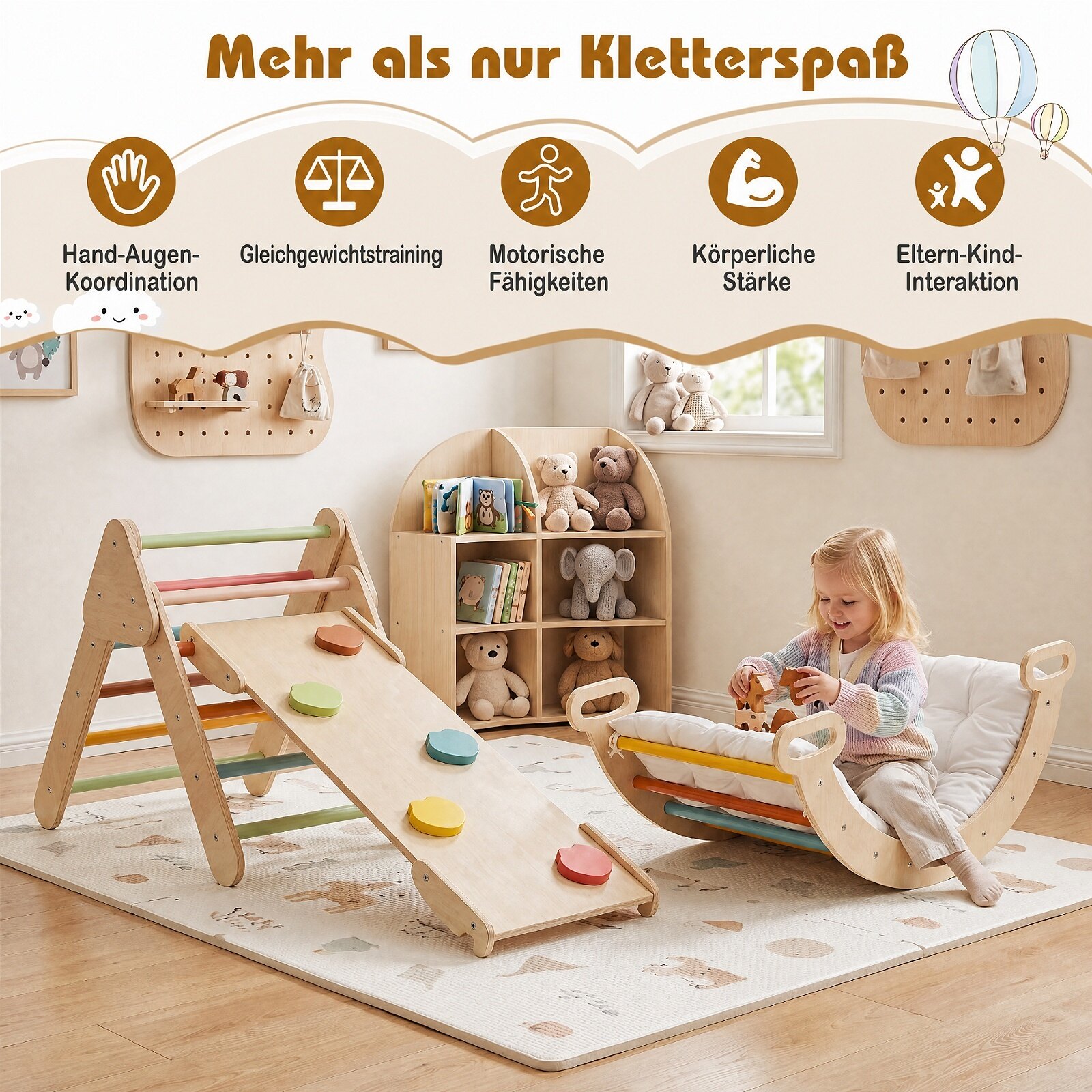 3-ühes Montessori puidust ronimiskomplekt, mängukomplekt lastele alates 1. eluaastast, ronimisraamide komplekt, värviline