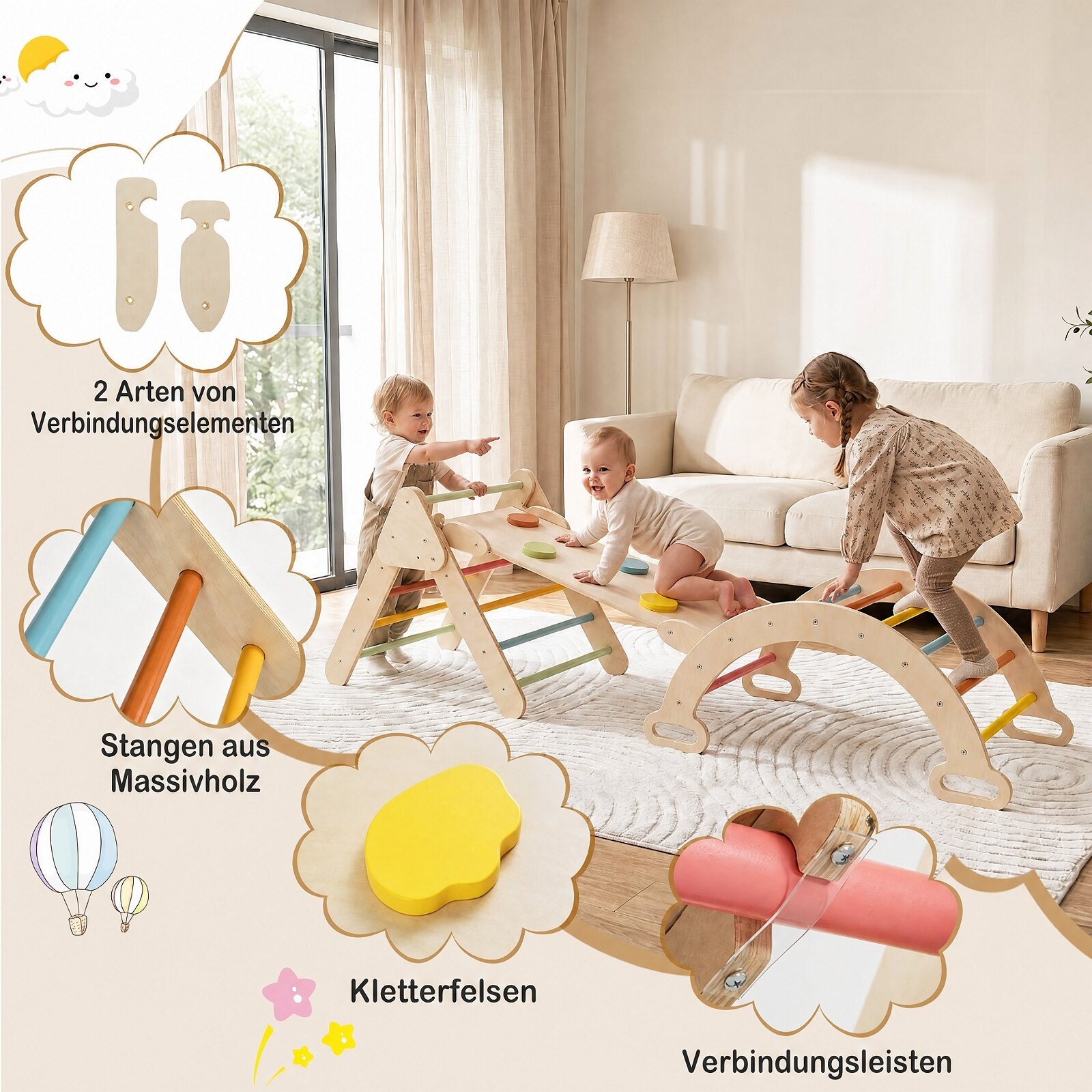 3-ühes Montessori puidust ronimiskomplekt, mängukomplekt lastele alates 1. eluaastast, ronimisraamide komplekt, värviline