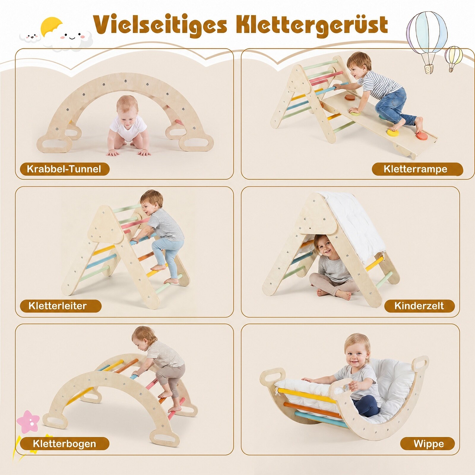 3-ühes Montessori puidust ronimiskomplekt, mängukomplekt lastele alates 1. eluaastast, ronimisraamide komplekt, värviline