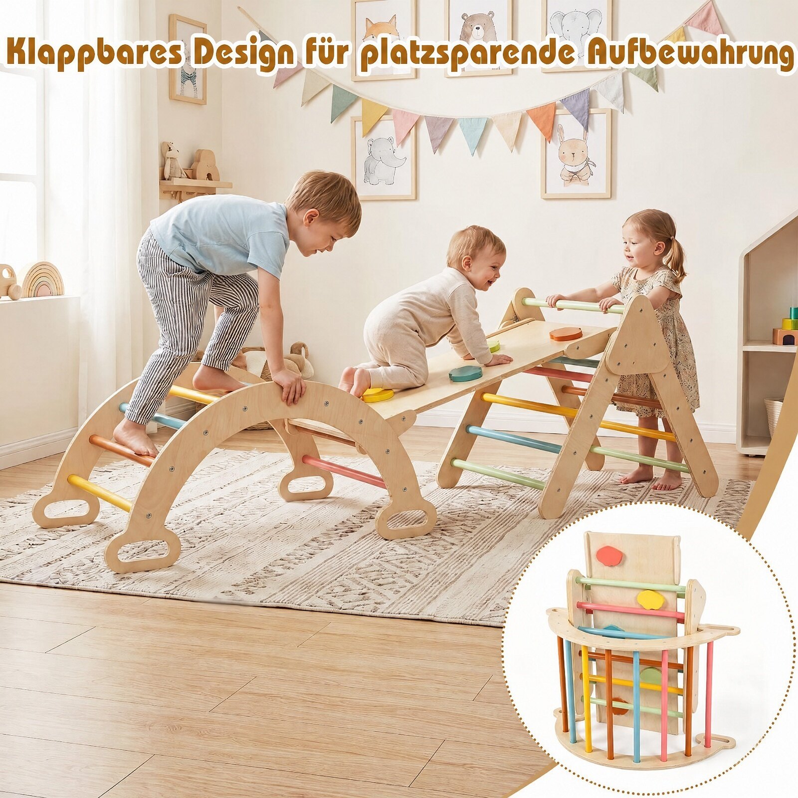 3-ühes Montessori puidust ronimiskomplekt, mängukomplekt lastele alates 1. eluaastast, ronimisraamide komplekt, värviline