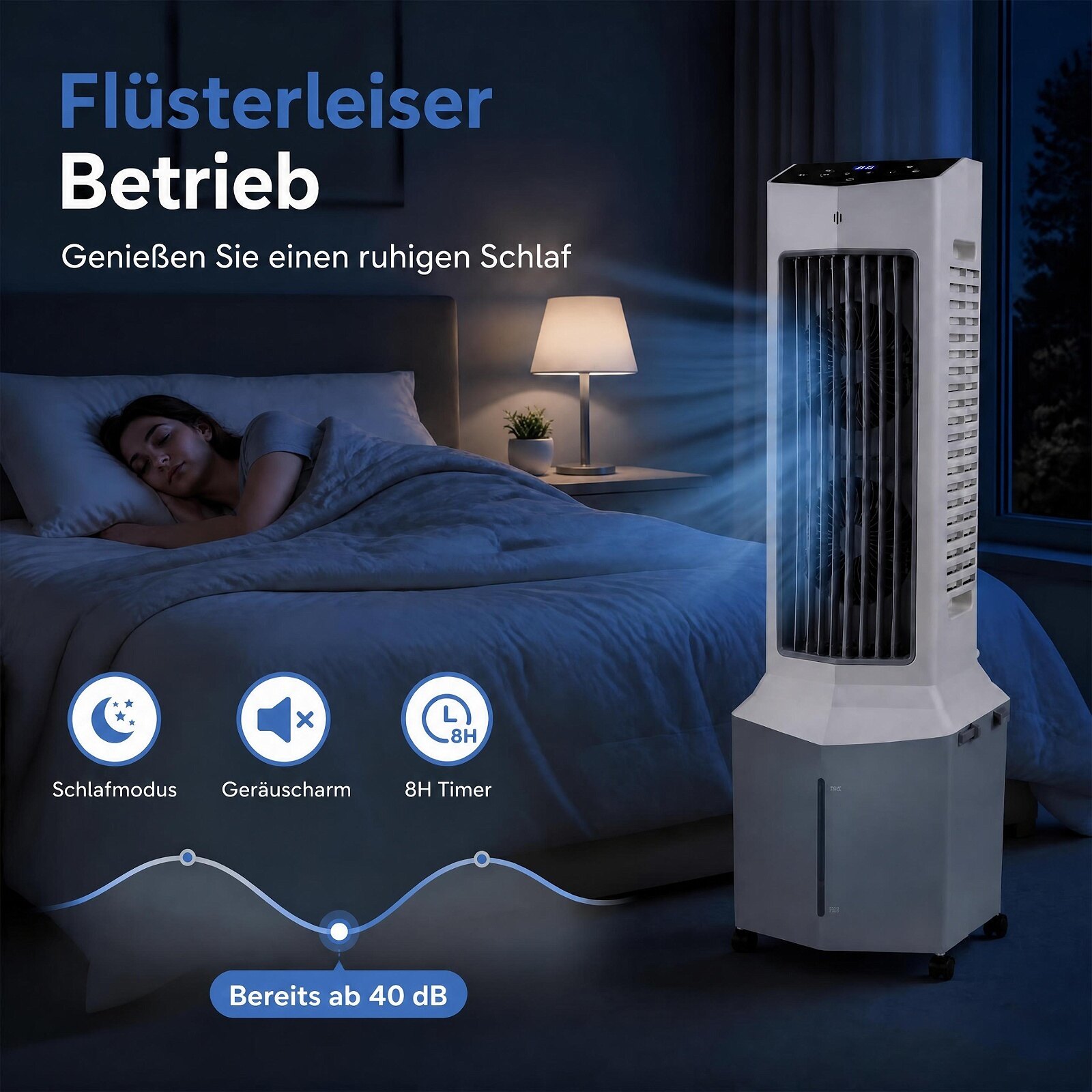 3-ühes tornventilaator koos ventilaatori, niisutaja ja aurustava jahutiga, millel on 2 jahutuspakendit