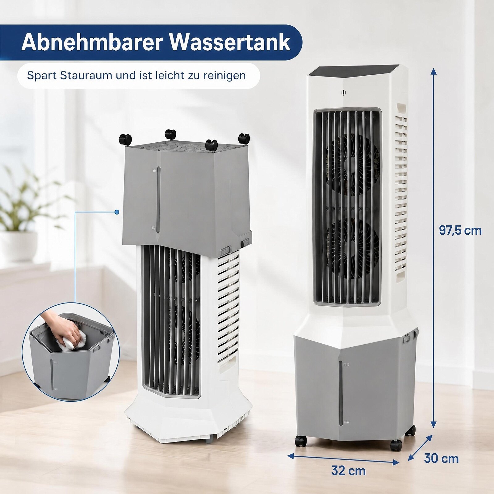 3-ühes tornventilaator koos ventilaatori, niisutaja ja aurustava jahutiga, millel on 2 jahutuspakendit