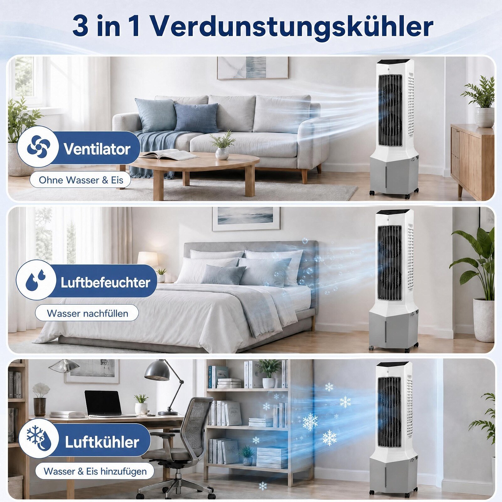 3-ühes tornventilaator koos ventilaatori, niisutaja ja aurustava jahutiga, millel on 2 jahutuspakendit