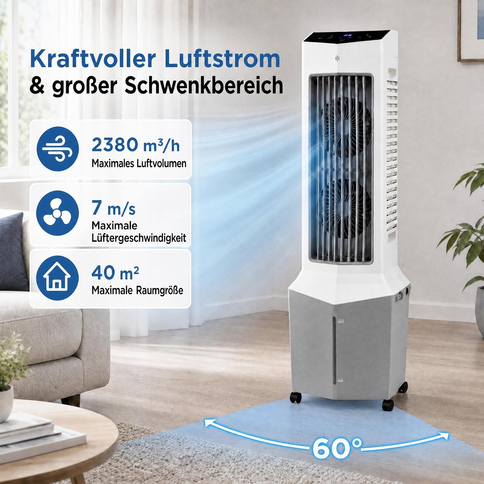 3-ühes tornventilaator koos ventilaatori, niisutaja ja aurustava jahutiga, millel on 2 jahutuspakendit