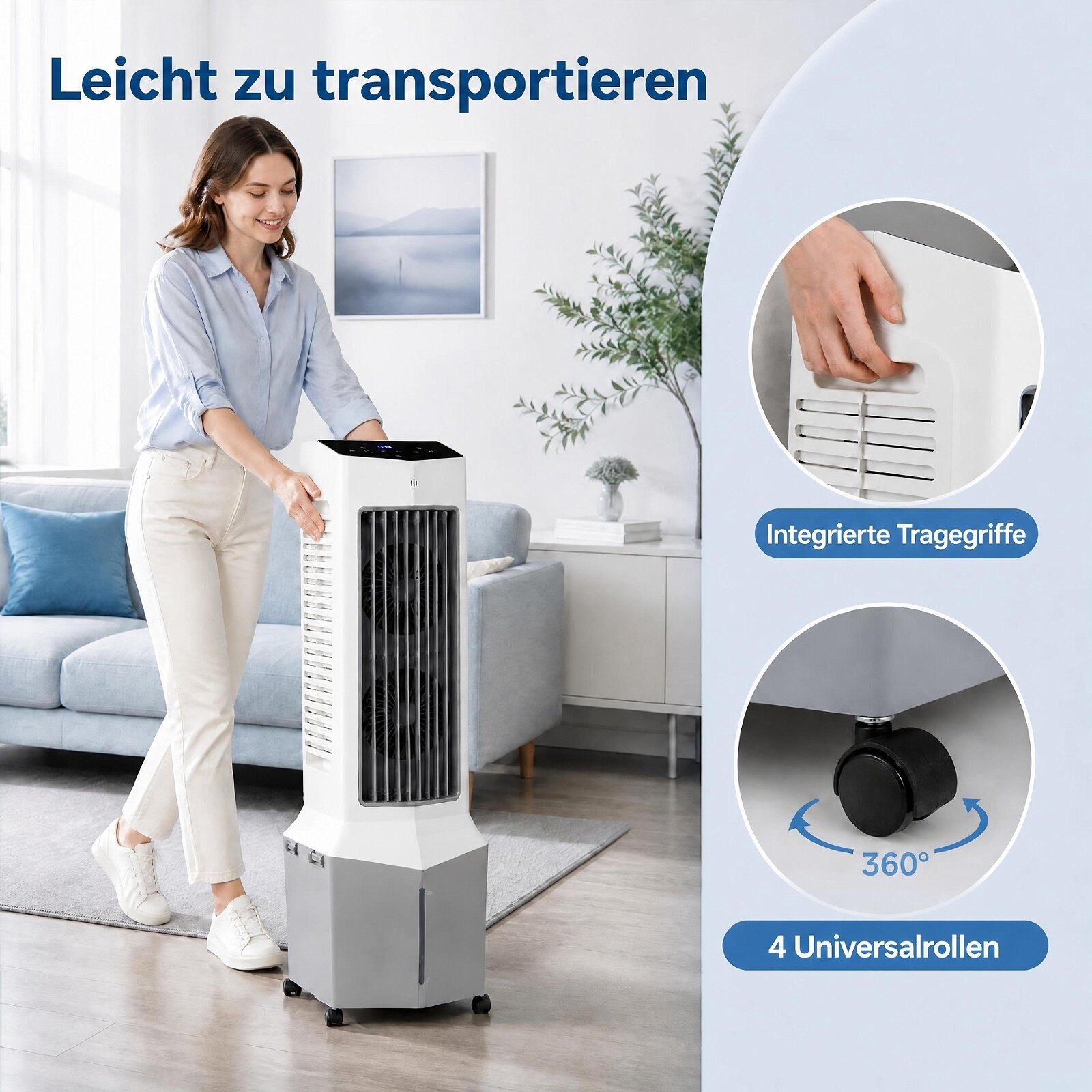 3-ühes tornventilaator koos ventilaatori, niisutaja ja aurustava jahutiga, millel on 2 jahutuspakendit