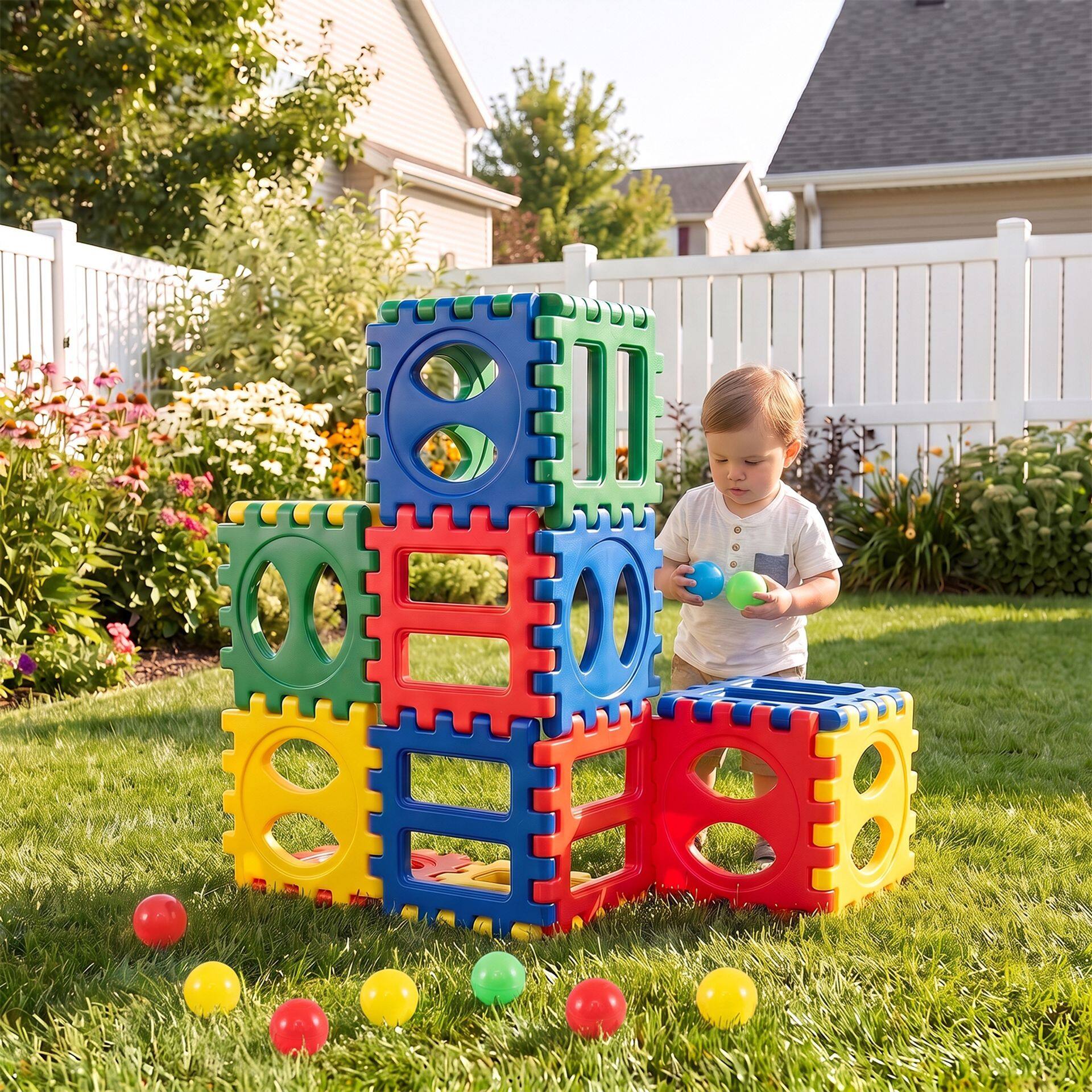 32-Piece Oversized Waffle Block Set with 10 Ocean Balls Easy-to-Use Grid Building Toys 32-Piece Oversized Waffle Block Set with 10 Ocean Balls Easy-to-Use Grid Building Toys