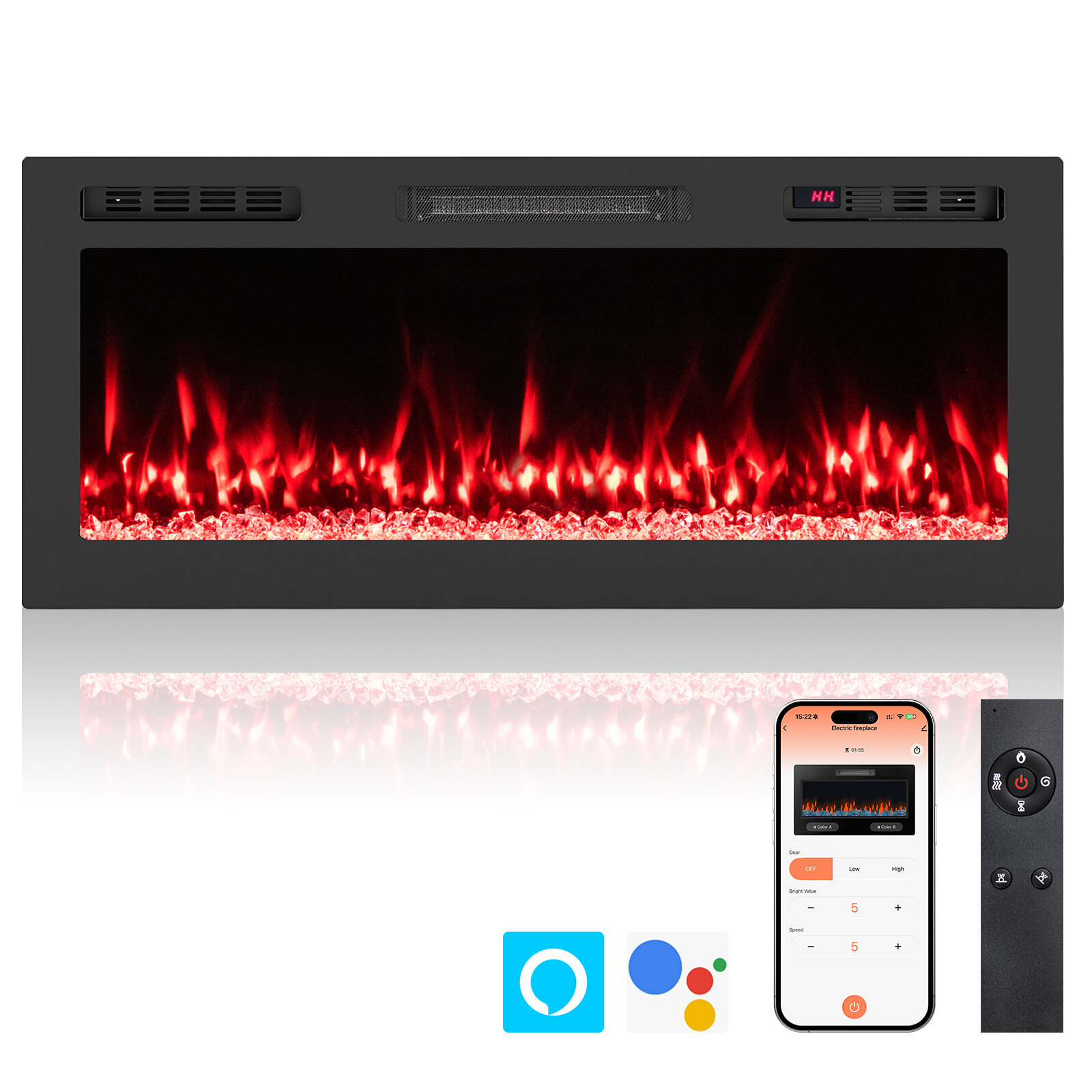 107 cm elektrikamin küttekehaga 750 W/1500 W sisseehitatud kamin puldi ja rakendusega juhtimisega WiFi