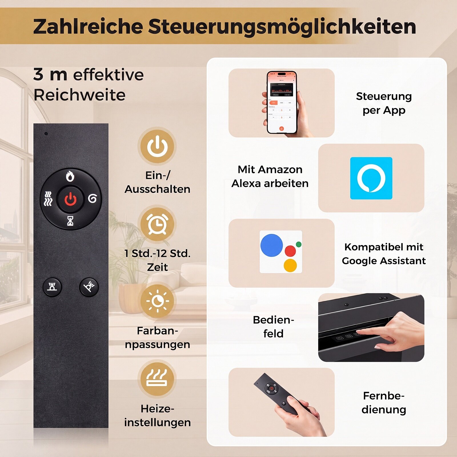 107 cm elektrikamin küttekehaga 750 W/1500 W sisseehitatud kamin puldi ja rakendusega juhtimisega WiFi