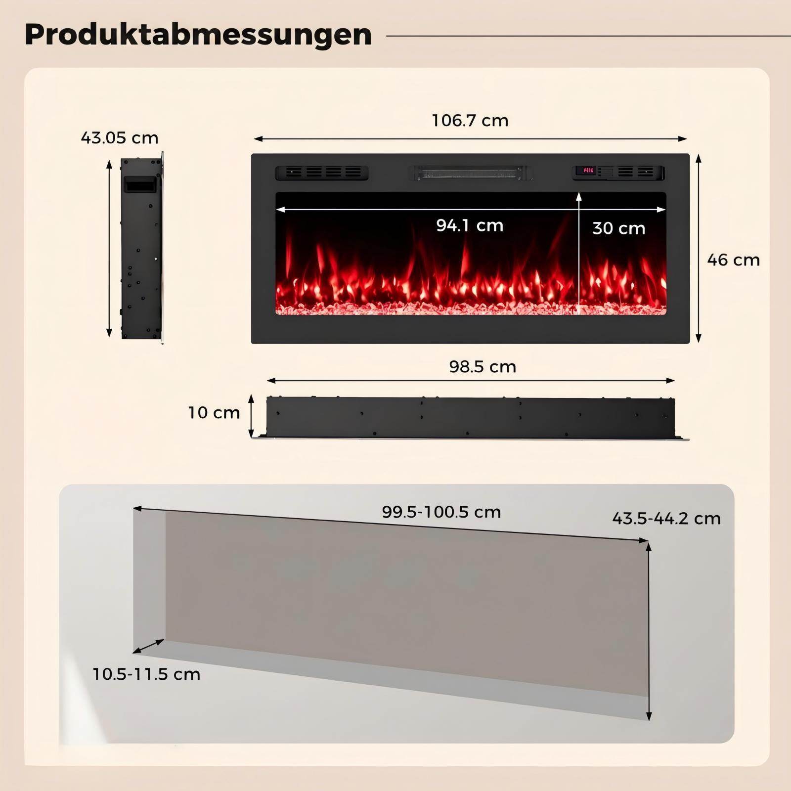 107 cm elektrikamin küttekehaga 750 W/1500 W sisseehitatud kamin puldi ja rakendusega juhtimisega WiFi