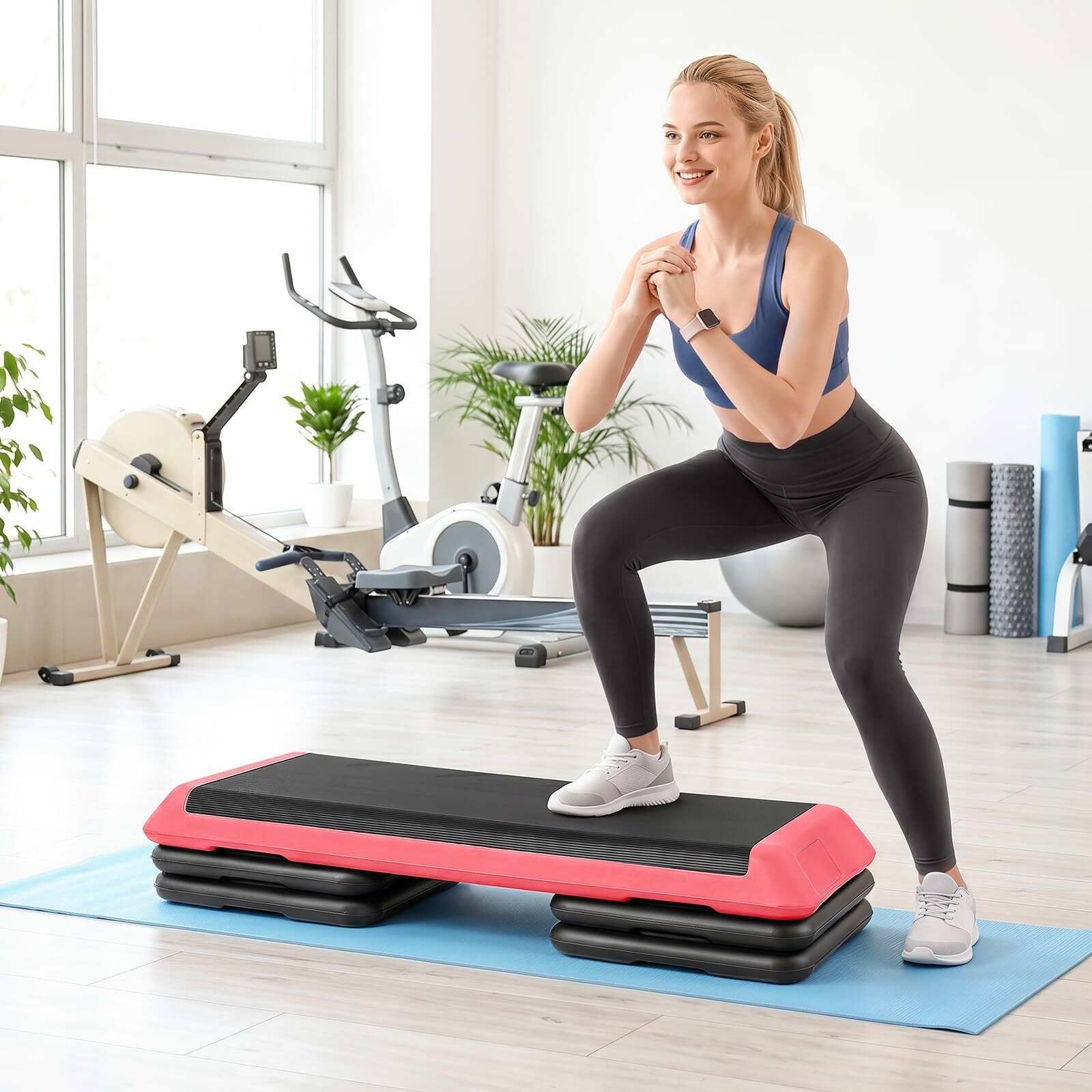 Aeroobne astmelaud, reguleeritava kõrgusega fitness-astmelaud 4 tugiplokiga, tekstuurne pind, punane
