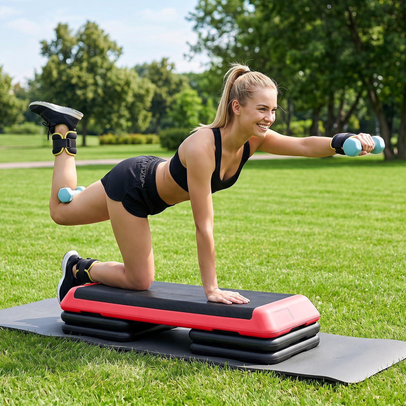 Aeroobne astmelaud, reguleeritava kõrgusega fitness-astmelaud 4 tugiplokiga, tekstuurne pind, punane