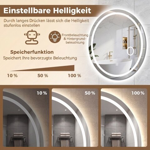 Vannitoa peegel valgustusega 60 x 50 cm ovaalne hämardatav LED-seinapeegel 3 valgusvärviga