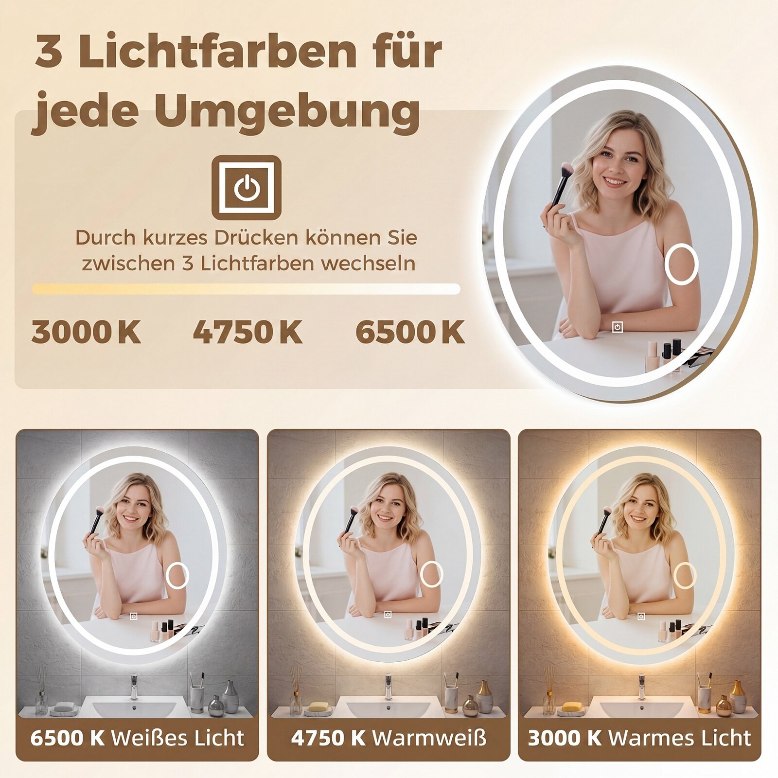 Vannitoa peegel valgustusega 60 x 50 cm ovaalne hämardatav LED-seinapeegel 3 valgusvärviga