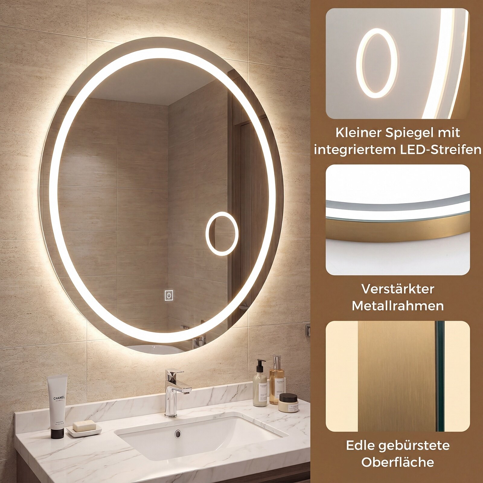 Vannitoa peegel valgustusega 60 x 50 cm ovaalne hämardatav LED-seinapeegel 3 valgusvärviga