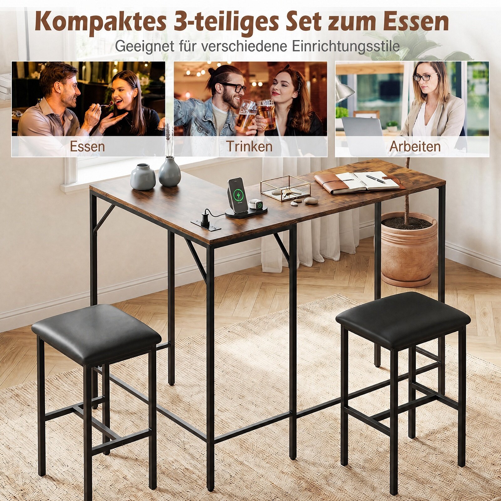 Baarilaua komplekt 2 baaritooliga, seisulaud integreeritud pistikupesaga, baarilett metallraamiga, maalähedane pruun