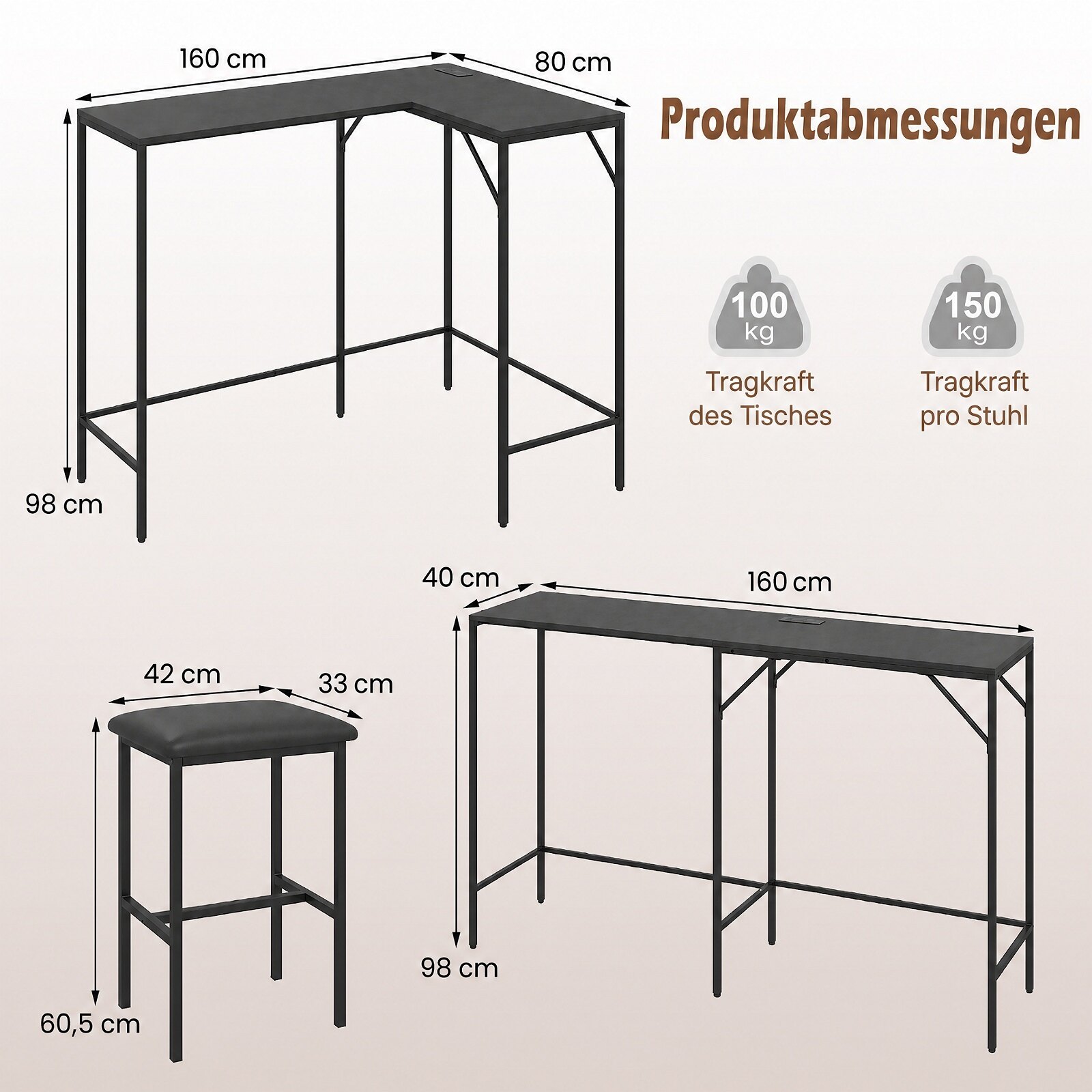Baarilaua komplekt kahe baaritooliga, seisulaud integreeritud pistikupesaga, baarilett metallraamiga, must