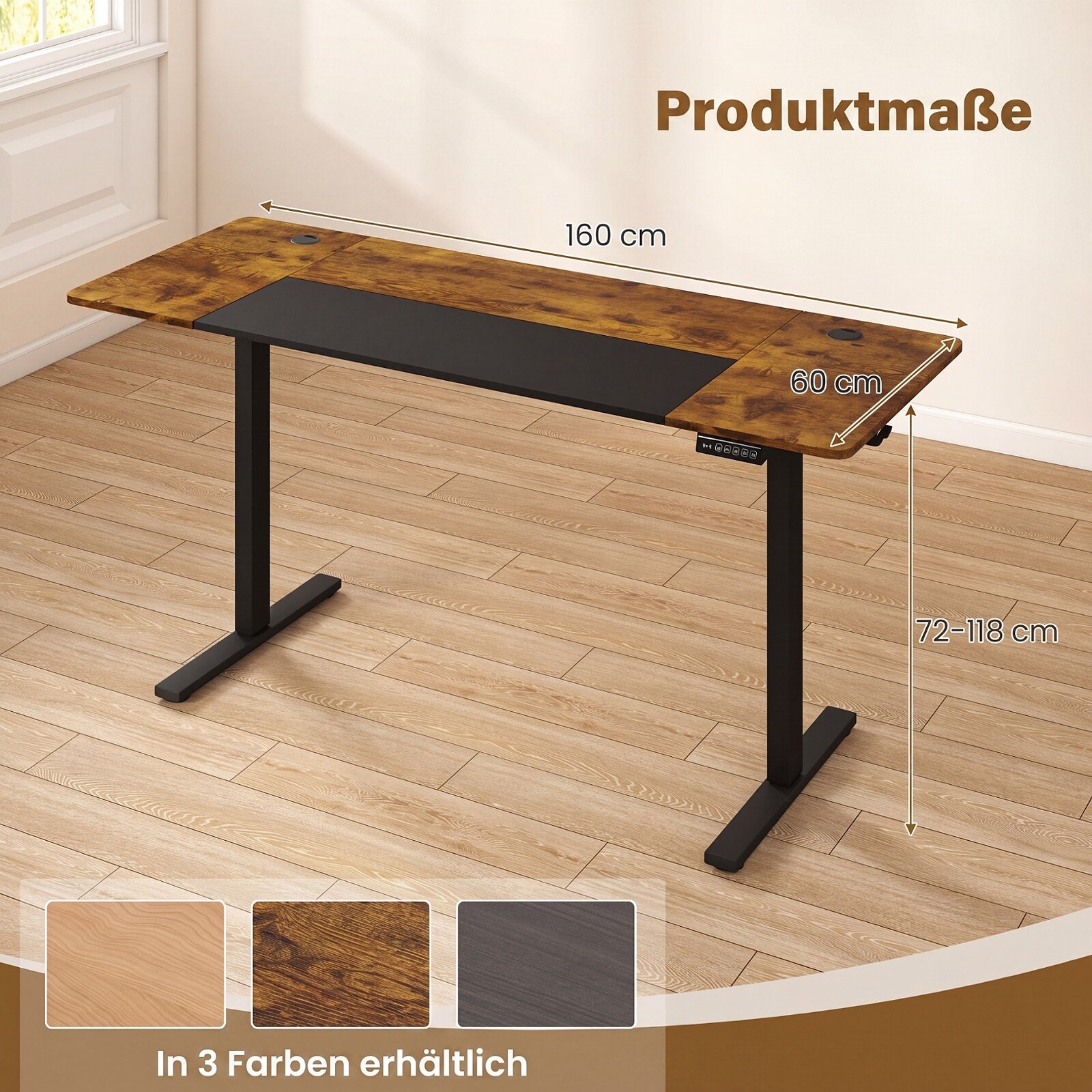 Elektriliselt kõrguses reguleeritav laud tugeva metallraamiga, 160 x 60 cm, pruun