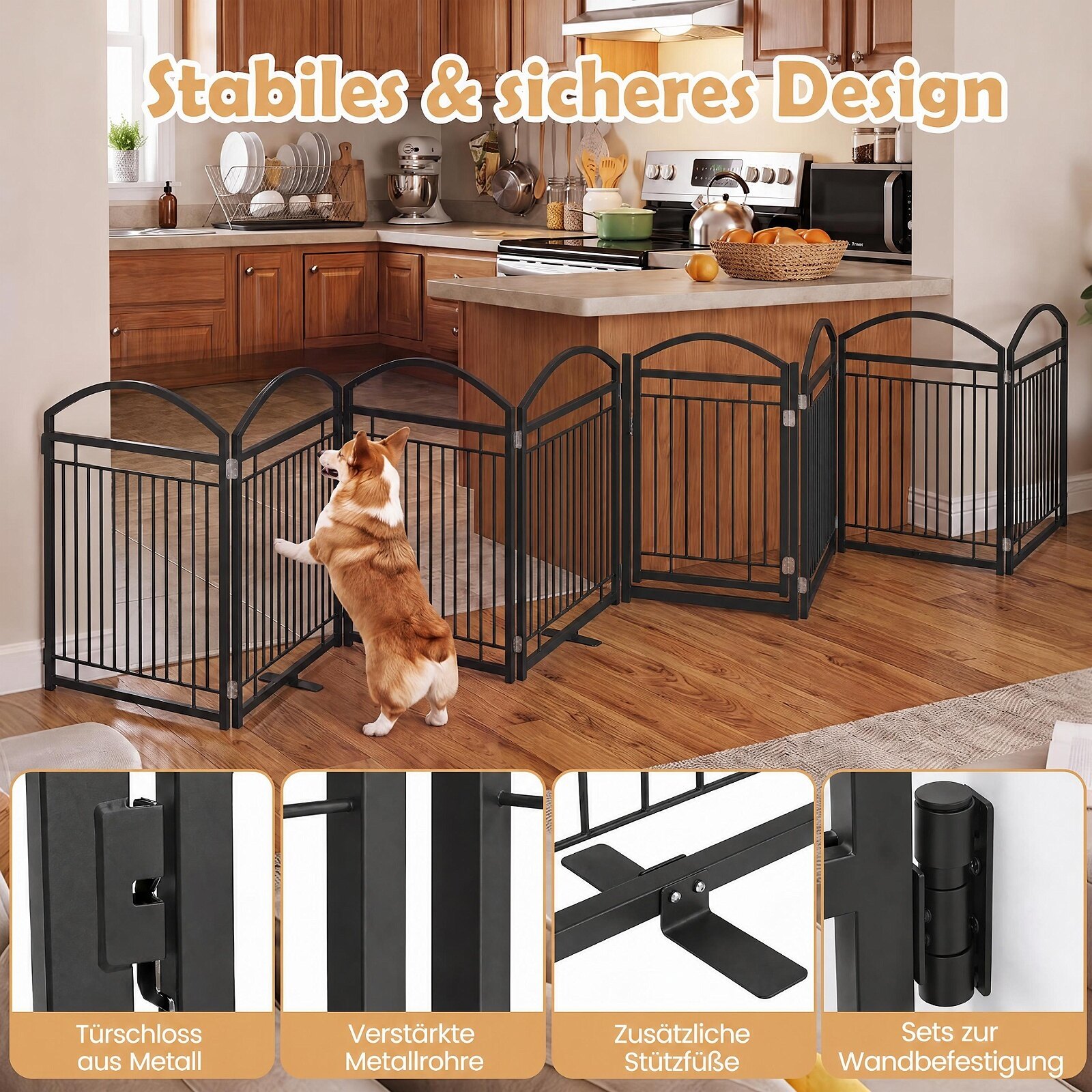 Kokkupandav metallist koeravärav 480x81cm uksega 8 paneeliga - must