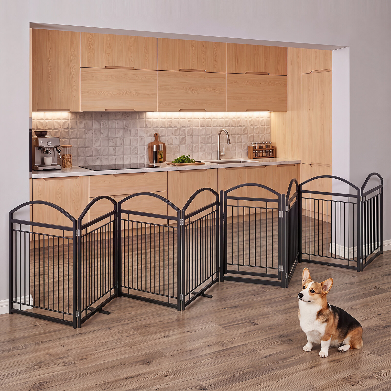 Kokkupandav metallist koeravärav 480x81cm uksega 8 paneeliga - must