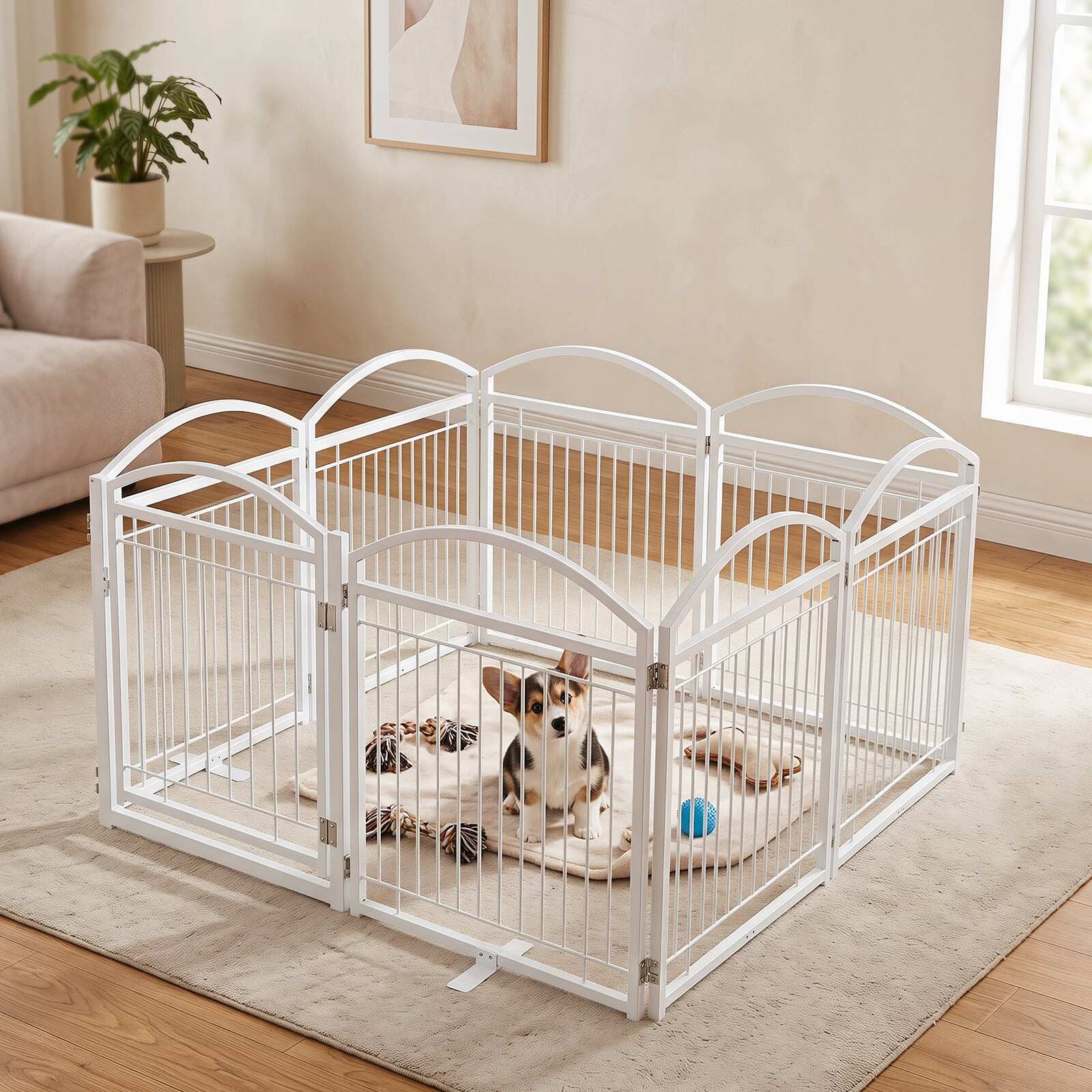 Kokkupandav metallist koeravärav 480x81cm uksega 8 paneeliga - valge