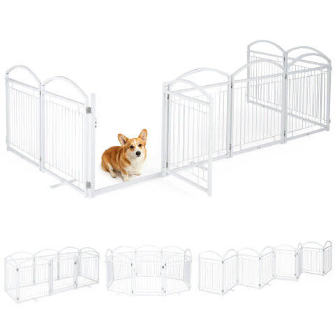 Kokkupandav metallist koeravärav 480x81cm uksega 8 paneeliga - valge