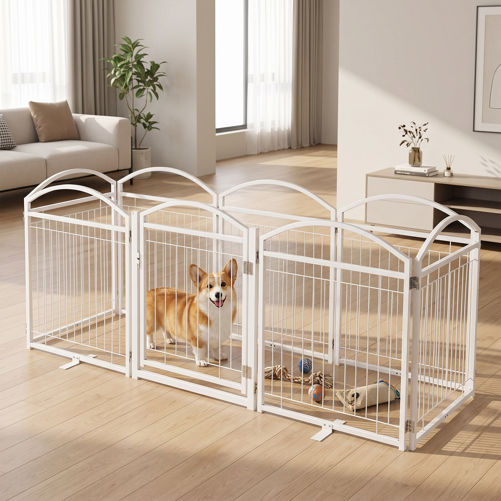 Kokkupandav metallist koeravärav 480x81cm uksega 8 paneeliga - valge