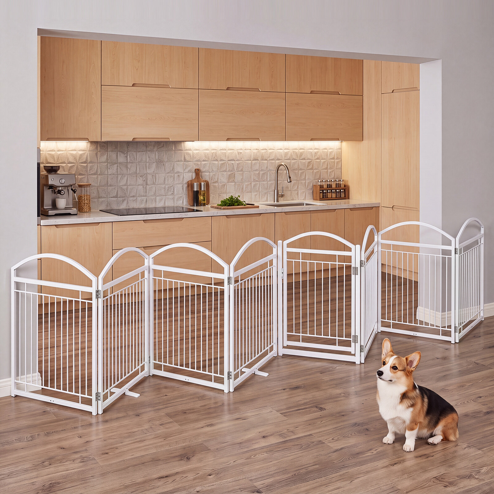 Kokkupandav metallist koeravärav 480x81cm uksega 8 paneeliga - valge