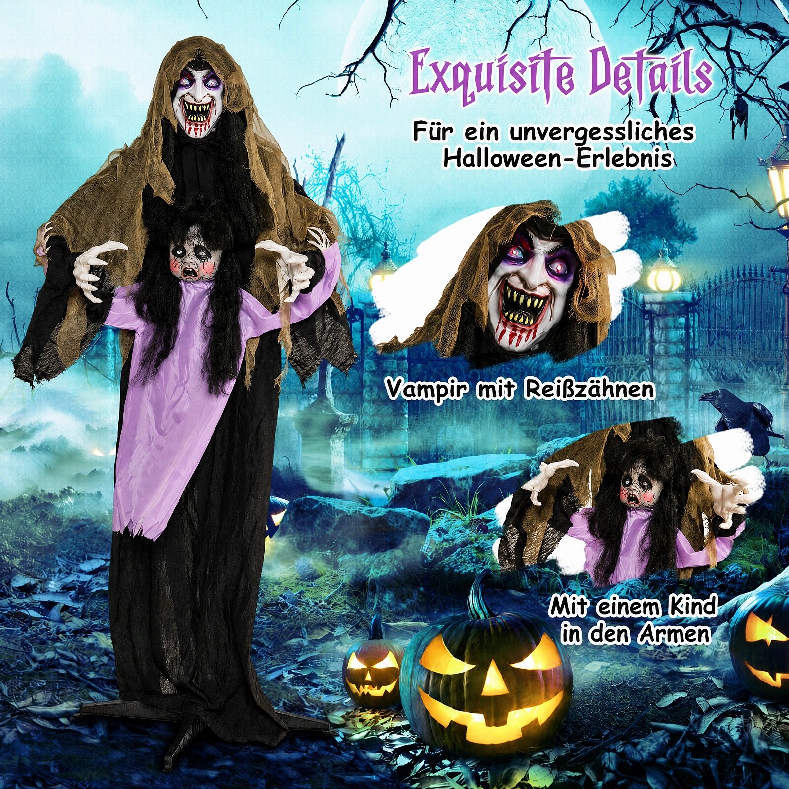 Valgustatud ja animeeritud halloweenikaunistus õuevampiir LED-valgustusega aia murule