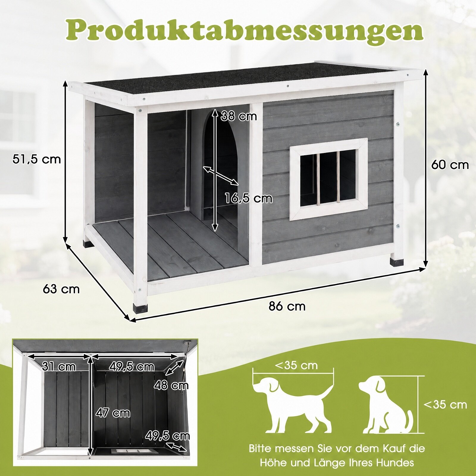 Puidust koerakuut kaetud veranda ja ilmastikukindla asfaltkatusega, 86 x 63 x 60 cm, hall