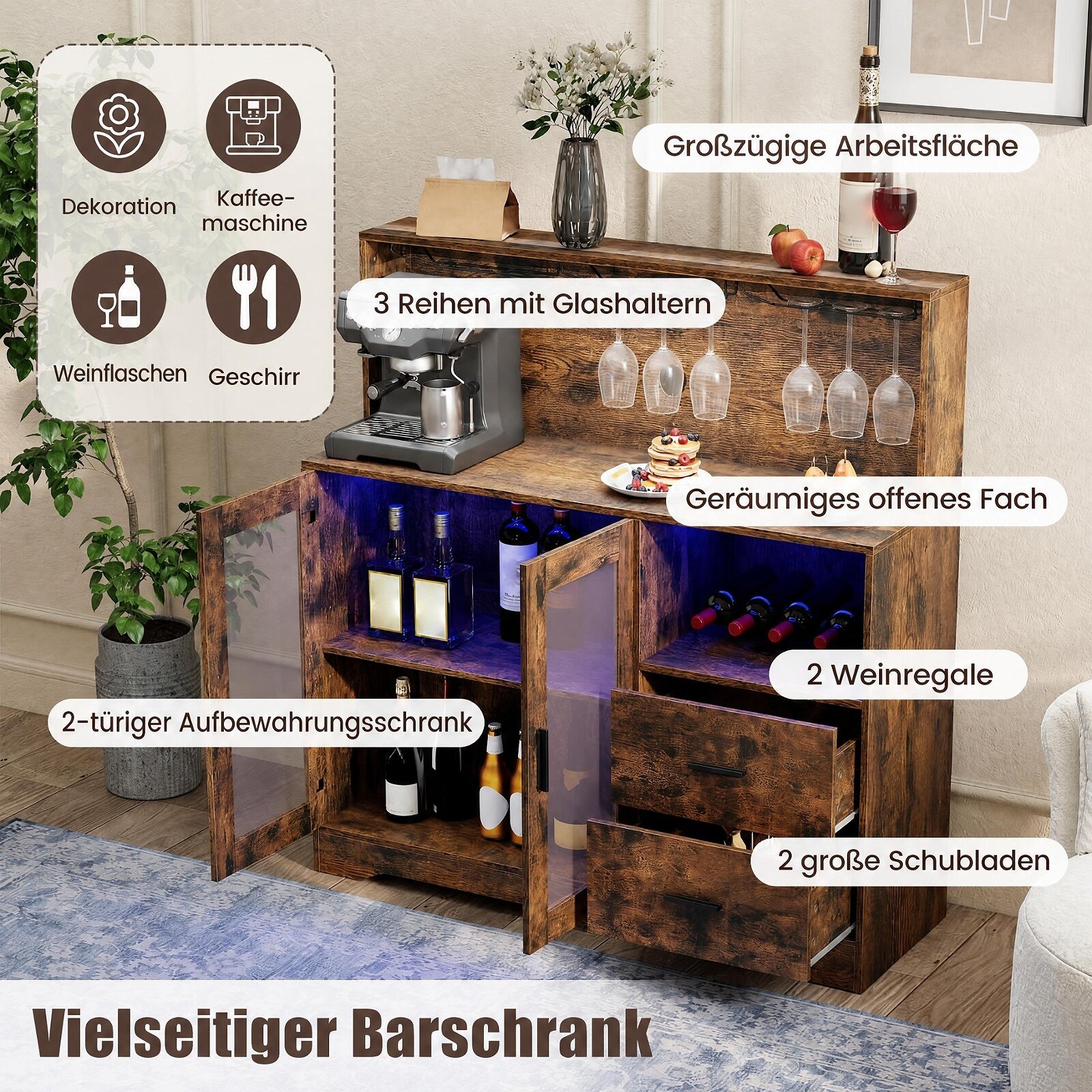 Köögikapp/buffet avatud sahtlitega, pistikupesa ja LED-valgustusega, 120 x 40 x 115,5 cm, pruun