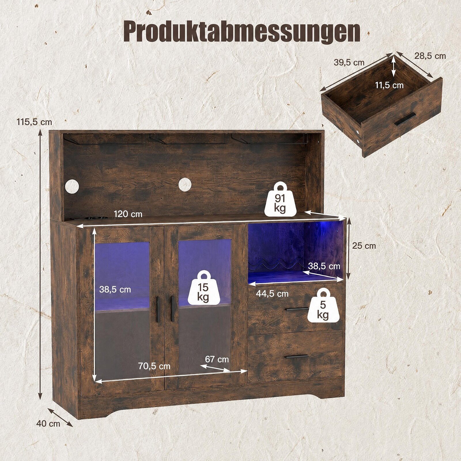 Köögikapp/buffet avatud sahtlitega, pistikupesa ja LED-valgustusega, 120 x 40 x 115,5 cm, pruun