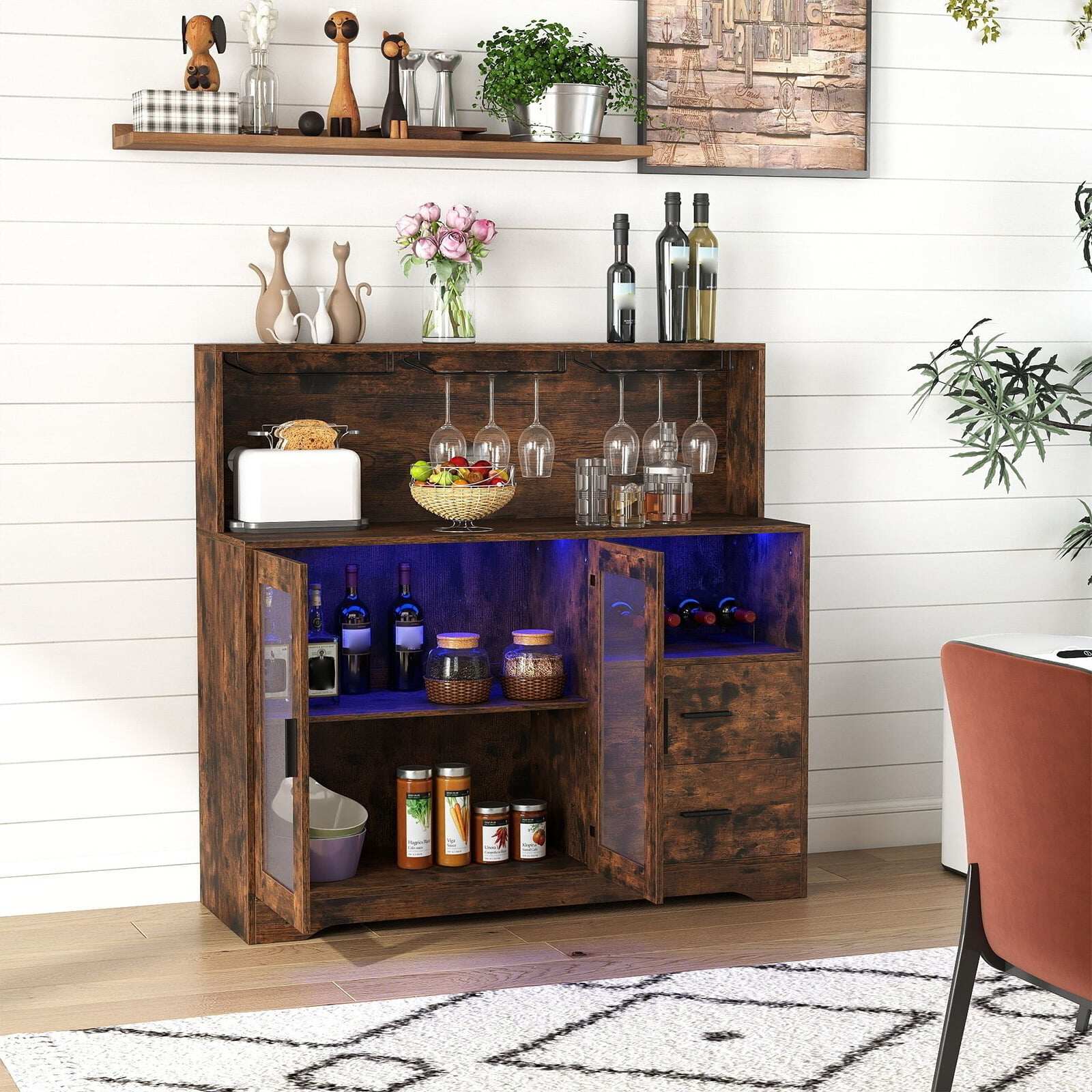 Köögikapp/buffet avatud sahtlitega, pistikupesa ja LED-valgustusega, 120 x 40 x 115,5 cm, pruun